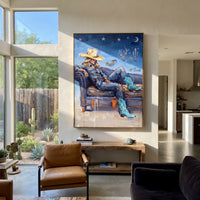 Soft Mossy Seated Western Rider focuses on a relaxed western figure in a broad hat seated in a chair. The composition keeps the principal subject clearly separated from the painted field, so the eye can follow the specific gesture, silhouette, garment, fur, petal, ridge, or river visible in this artwork. Its color relationships move between blue, red, and white, with lighter passages opening the focal area and deeper strokes giving the forms weight. Palette-knife edges, impasto ridges, broken