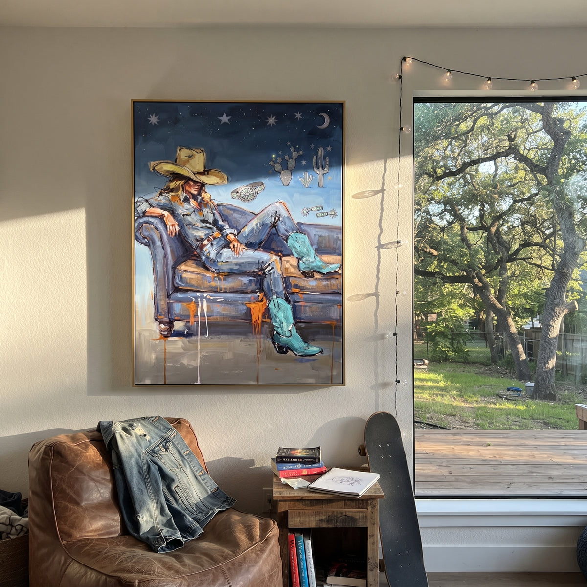 Soft Mossy Seated Western Rider focuses on a relaxed western figure in a broad hat seated in a chair. The composition keeps the principal subject clearly separated from the painted field, so the eye can follow the specific gesture, silhouette, garment, fur, petal, ridge, or river visible in this artwork. Its color relationships move between blue, red, and white, with lighter passages opening the focal area and deeper strokes giving the forms weight. Palette-knife edges, impasto ridges, broken
