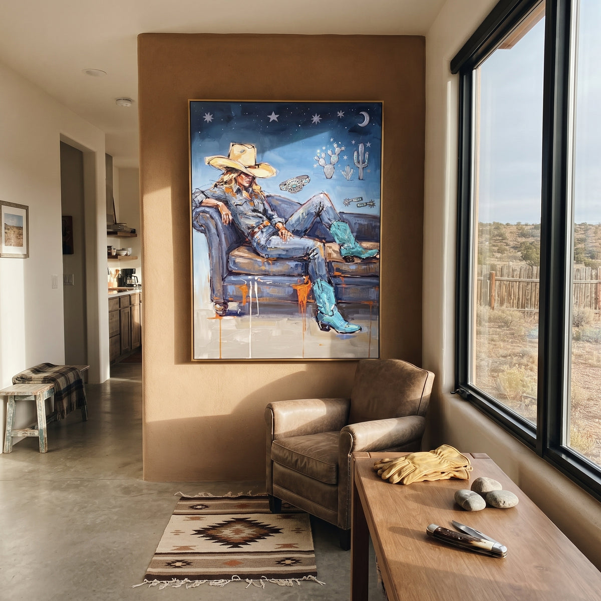 Soft Mossy Seated Western Rider focuses on a relaxed western figure in a broad hat seated in a chair. The composition keeps the principal subject clearly separated from the painted field, so the eye can follow the specific gesture, silhouette, garment, fur, petal, ridge, or river visible in this artwork. Its color relationships move between blue, red, and white, with lighter passages opening the focal area and deeper strokes giving the forms weight. Palette-knife edges, impasto ridges, broken