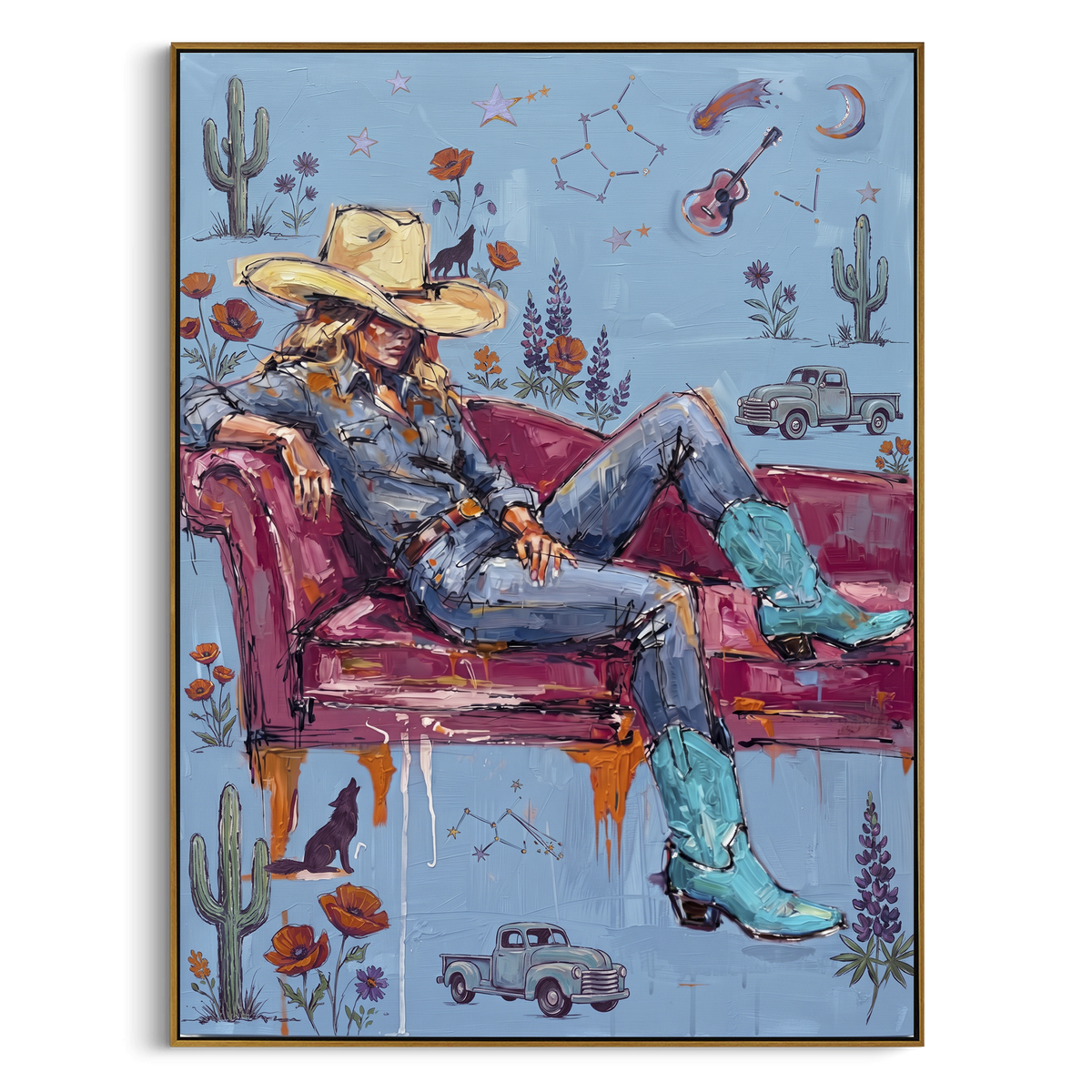 Restful Mossy Seated Western Rider focuses on a relaxed western figure in a broad hat seated in a chair. The composition keeps the principal subject clearly separated from the painted field, so the eye can follow the specific gesture, silhouette, garment, fur, petal, ridge, or river visible in this artwork. Its color relationships move between green, grey, and pink, with lighter passages opening the focal area and deeper strokes giving the forms weight. Palette-knife edges, impasto ridges