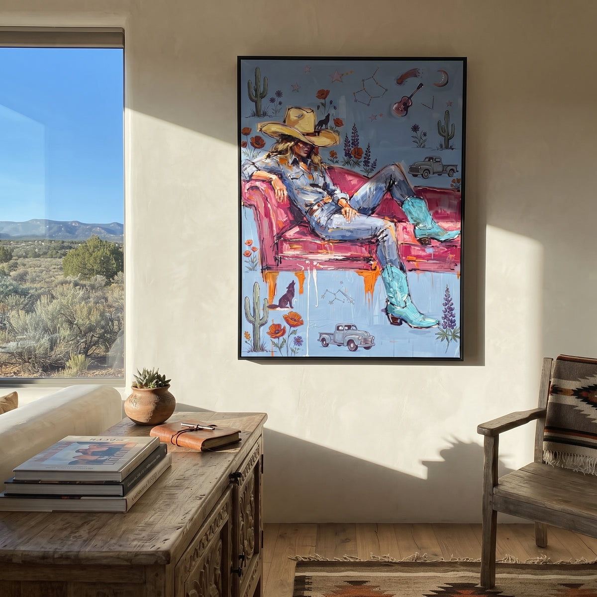 Restful Mossy Seated Western Rider focuses on a relaxed western figure in a broad hat seated in a chair. The composition keeps the principal subject clearly separated from the painted field, so the eye can follow the specific gesture, silhouette, garment, fur, petal, ridge, or river visible in this artwork. Its color relationships move between green, grey, and pink, with lighter passages opening the focal area and deeper strokes giving the forms weight. Palette-knife edges, impasto ridges