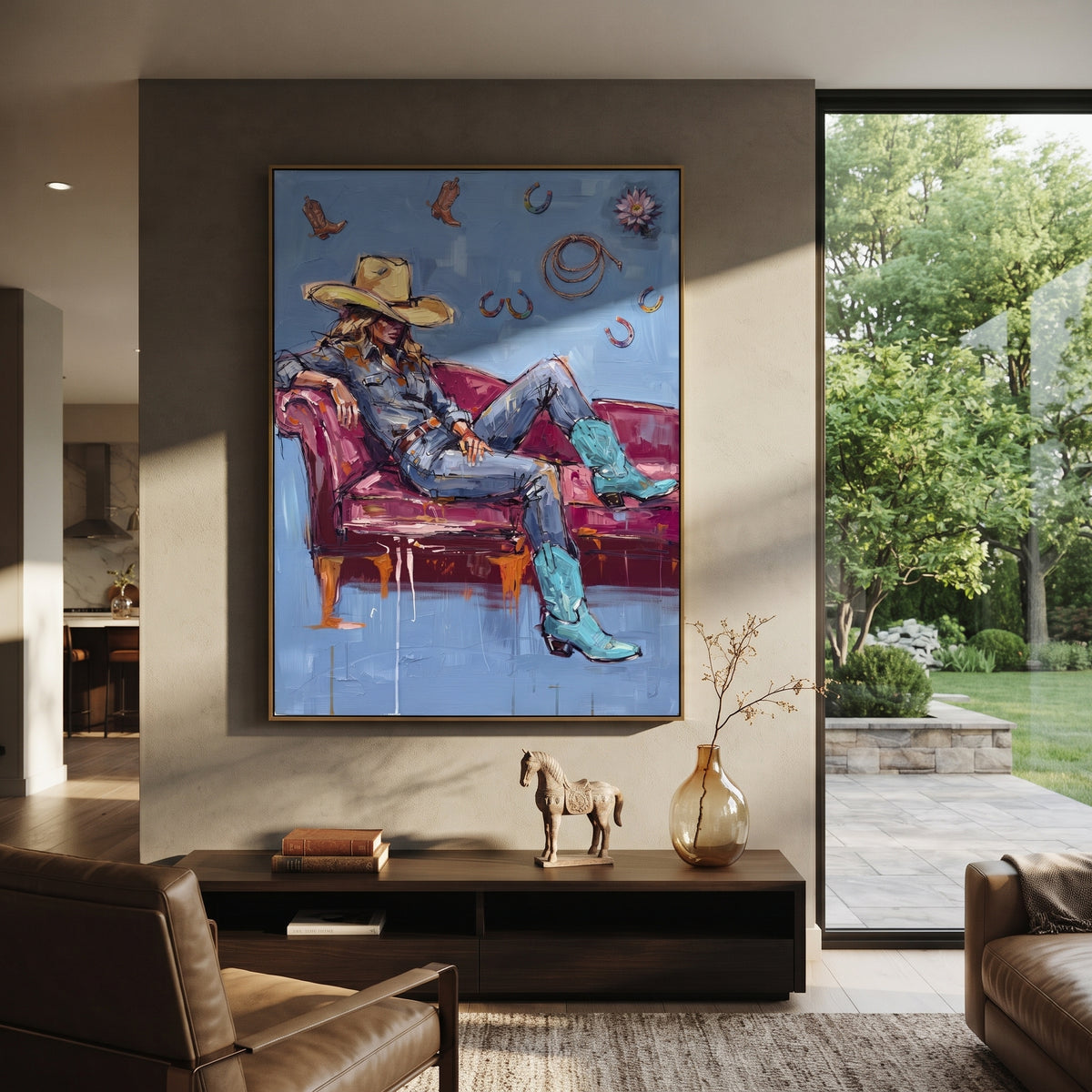Playful Mossy Seated Western Rider focuses on a relaxed western figure in a broad hat seated in a chair. The composition keeps the principal subject clearly separated from the painted field, so the eye can follow the specific gesture, silhouette, garment, fur, petal, ridge, or river visible in this artwork. Its color relationships move between beige, black, and blue, with lighter passages opening the focal area and deeper strokes giving the forms weight. Palette-knife edges, impasto ridges