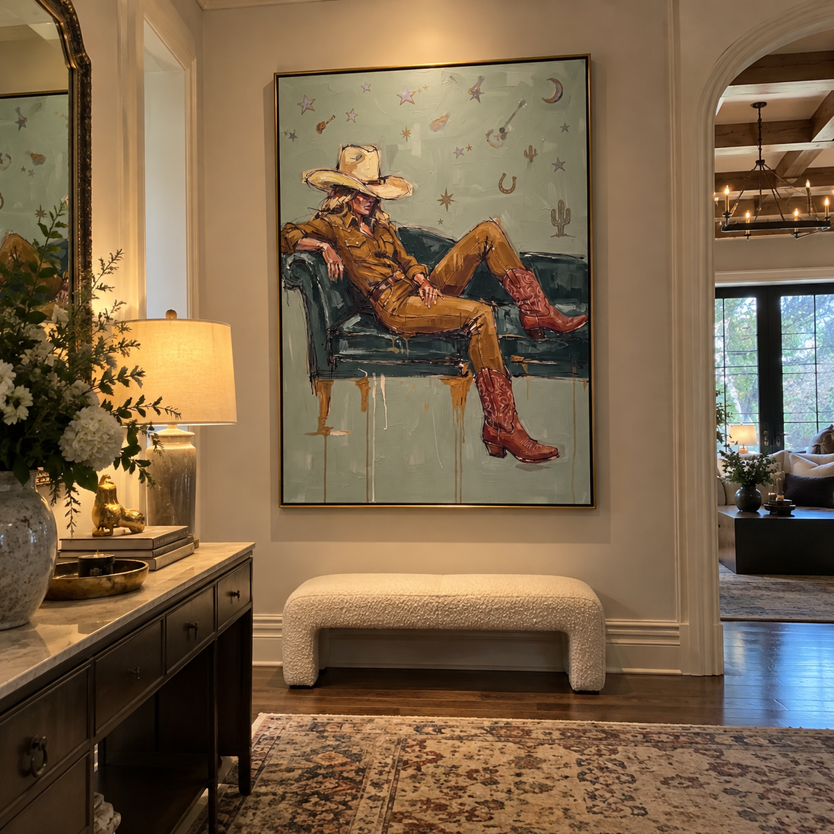 Distant Mossy Seated Western Rider focuses on a relaxed western figure in a broad hat seated in a chair. The composition keeps the principal subject clearly separated from the painted field, so the eye can follow the specific gesture, silhouette, garment, fur, petal, ridge, or river visible in this artwork. Its color relationships move between purple, green, and white, with lighter passages opening the focal area and deeper strokes giving the forms weight. Palette-knife edges, impasto ridges
