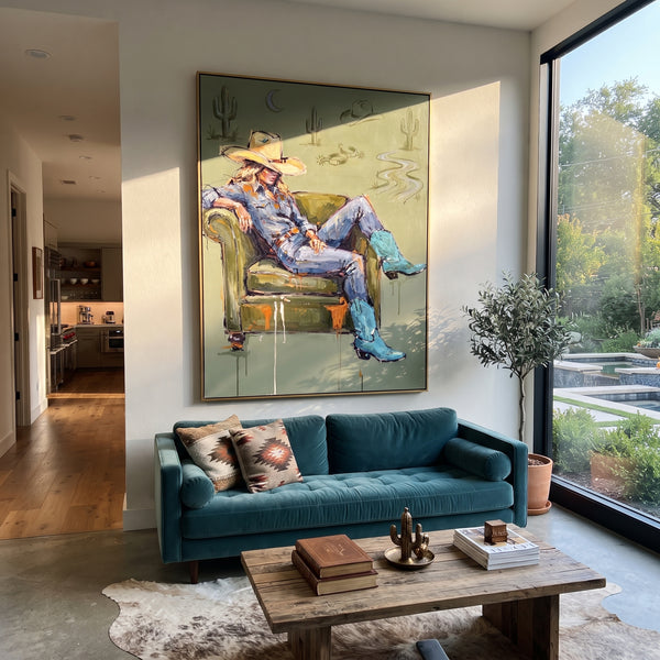 "Gathered Mossy Seated Western Rider" - Modern Heavy Impasto Landscape Artwork | Blue & Beige Palette Knife Painting | Luxury Vertical Wall Art #PT 3037