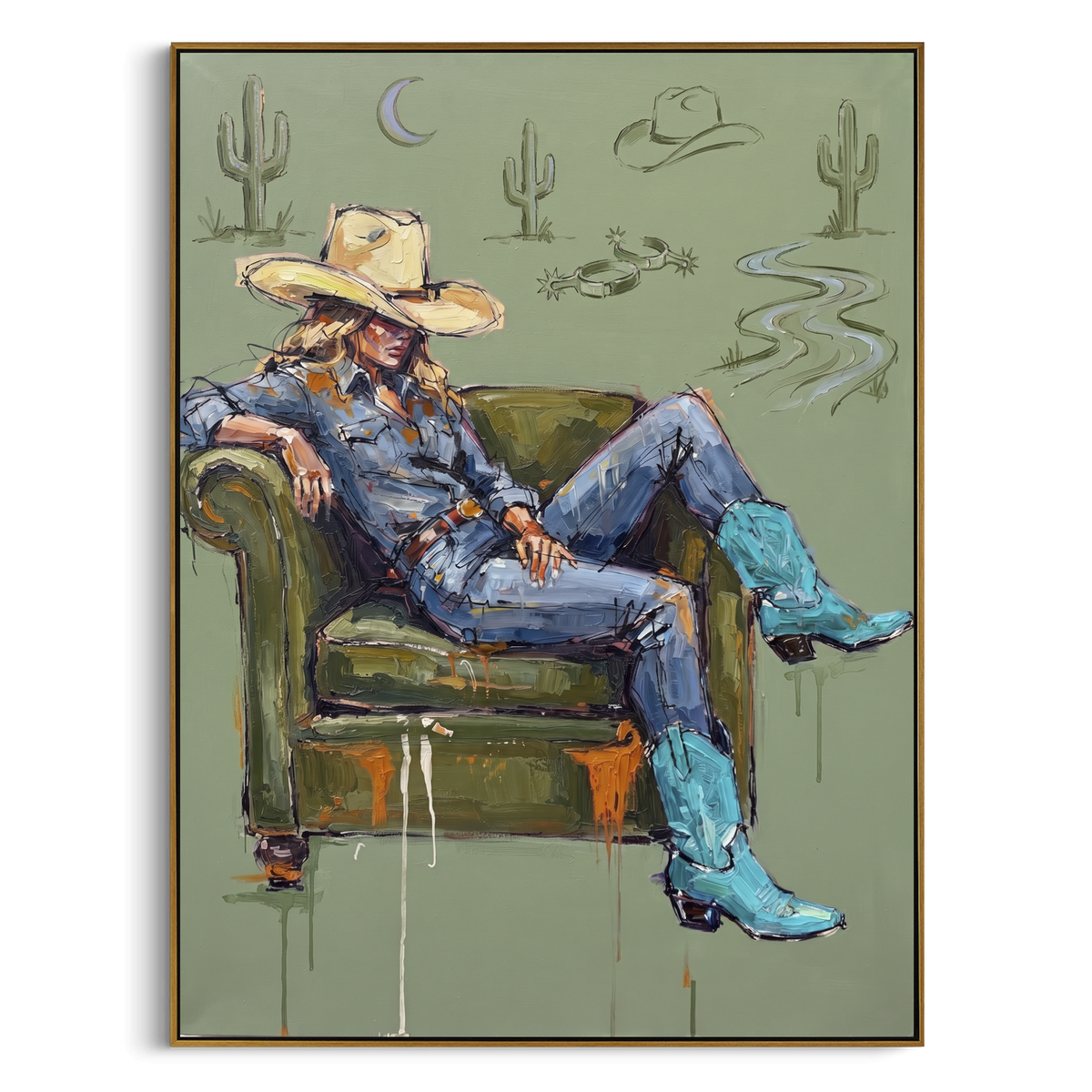 "Gathered Mossy Seated Western Rider" - Modern Heavy Impasto Landscape Artwork | Blue & Beige Palette Knife Painting | Luxury Vertical Wall Art #PT 3037