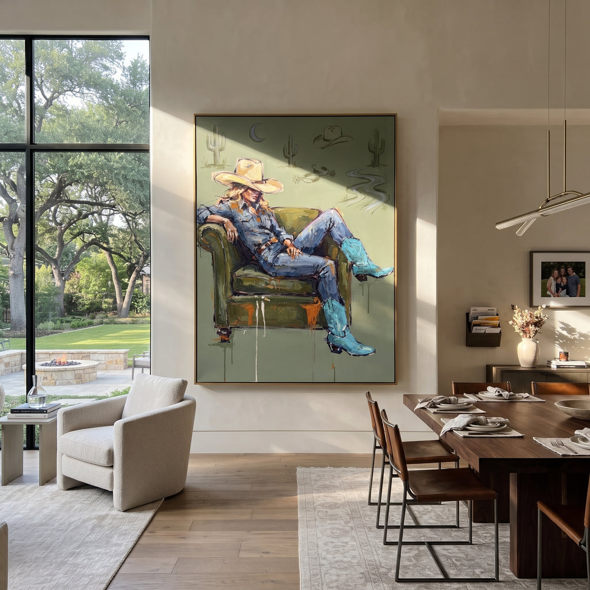 Gathered Mossy Seated Western Rider focuses on a relaxed western figure in a broad hat seated in a chair. The composition keeps the principal subject clearly separated from the painted field, so the eye can follow the specific gesture, silhouette, garment, fur, petal, ridge, or river visible in this artwork. Its color relationships move between blue, beige, and brown, with lighter passages opening the focal area and deeper strokes giving the forms weight. Palette-knife edges, impasto ridges