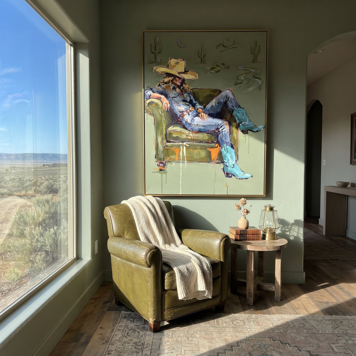 Gathered Mossy Seated Western Rider focuses on a relaxed western figure in a broad hat seated in a chair. The composition keeps the principal subject clearly separated from the painted field, so the eye can follow the specific gesture, silhouette, garment, fur, petal, ridge, or river visible in this artwork. Its color relationships move between blue, beige, and brown, with lighter passages opening the focal area and deeper strokes giving the forms weight. Palette-knife edges, impasto ridges