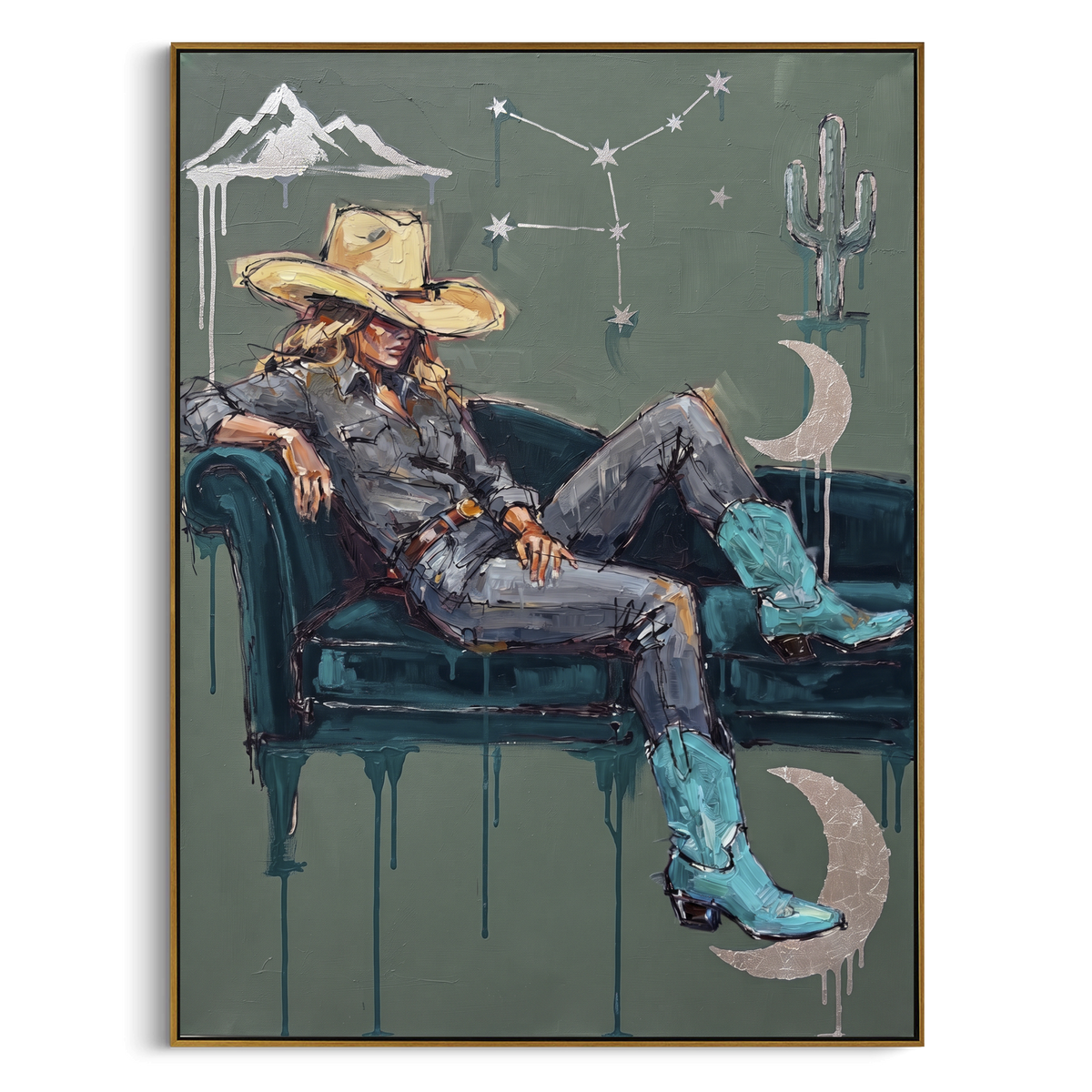 River Mossy Seated Western Rider focuses on a relaxed western figure in a broad hat seated in a chair. The composition keeps the principal subject clearly separated from the painted field, so the eye can follow the specific gesture, silhouette, garment, fur, petal, ridge, or river visible in this artwork. Its color relationships move between orange, pink, and green, with lighter passages opening the focal area and deeper strokes giving the forms weight. Palette-knife edges, impasto ridges