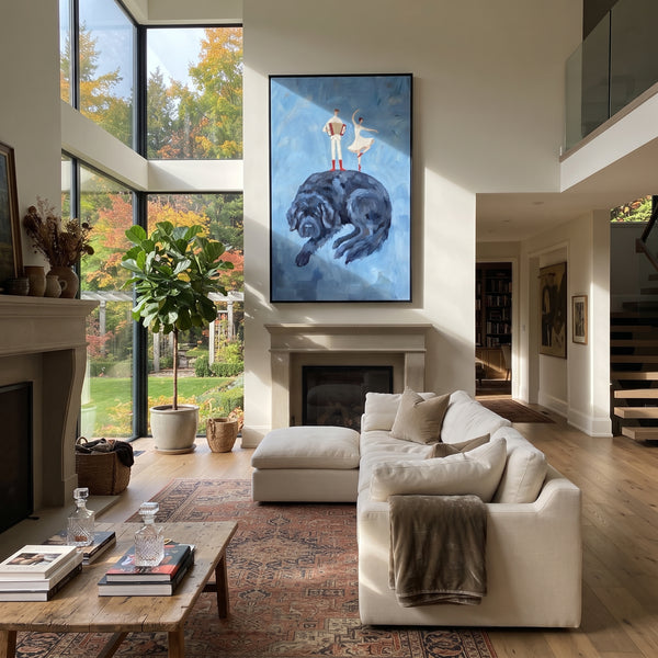"Still Mossy Long-Legged Horse" - Modern Heavy Impasto Landscape Artwork | Blue & Grey Palette Knife Painting | Luxury Vertical Wall Art #PT 3040