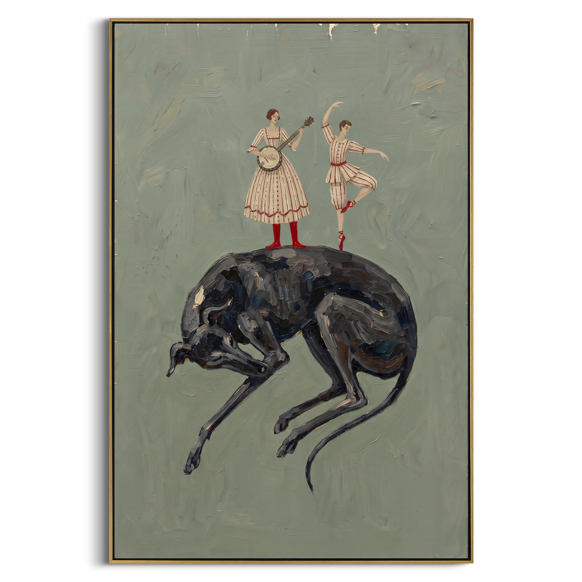Gentle Mossy Long-Legged Horse focuses on a tall horse with performers and flags in a theatrical field. The composition keeps the principal subject clearly separated from the painted field, so the eye can follow the specific gesture, silhouette, garment, fur, petal, ridge, or river visible in this artwork. Its color relationships move between green, brown, and yellow, with lighter passages opening the focal area and deeper strokes giving the forms weight. Palette-knife edges, impasto ridges