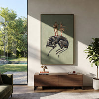 Open Mossy Long-Legged Horse focuses on a tall horse with performers and flags in a theatrical field. The composition keeps the principal subject clearly separated from the painted field, so the eye can follow the specific gesture, silhouette, garment, fur, petal, ridge, or river visible in this artwork. Its color relationships move between orange, black, and beige, with lighter passages opening the focal area and deeper strokes giving the forms weight. Palette-knife edges, impasto ridges