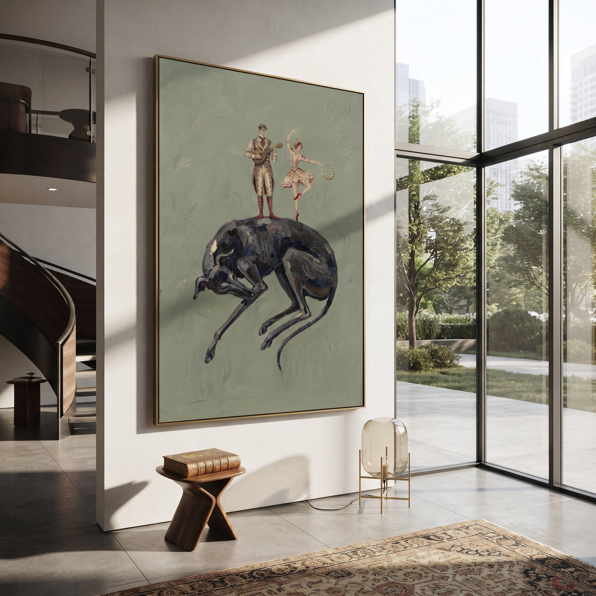 Open Mossy Long-Legged Horse focuses on a tall horse with performers and flags in a theatrical field. The composition keeps the principal subject clearly separated from the painted field, so the eye can follow the specific gesture, silhouette, garment, fur, petal, ridge, or river visible in this artwork. Its color relationships move between orange, black, and beige, with lighter passages opening the focal area and deeper strokes giving the forms weight. Palette-knife edges, impasto ridges