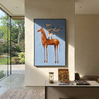 Reflective Mossy Long-Legged Horse focuses on a tall horse with performers and flags in a theatrical field. The composition keeps the principal subject clearly separated from the painted field, so the eye can follow the specific gesture, silhouette, garment, fur, petal, ridge, or river visible in this artwork. Its color relationships move between green, grey, and pink, with lighter passages opening the focal area and deeper strokes giving the forms weight. Palette-knife edges, impasto ridges