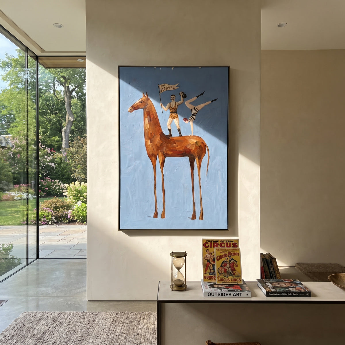 Reflective Mossy Long-Legged Horse focuses on a tall horse with performers and flags in a theatrical field. The composition keeps the principal subject clearly separated from the painted field, so the eye can follow the specific gesture, silhouette, garment, fur, petal, ridge, or river visible in this artwork. Its color relationships move between green, grey, and pink, with lighter passages opening the focal area and deeper strokes giving the forms weight. Palette-knife edges, impasto ridges