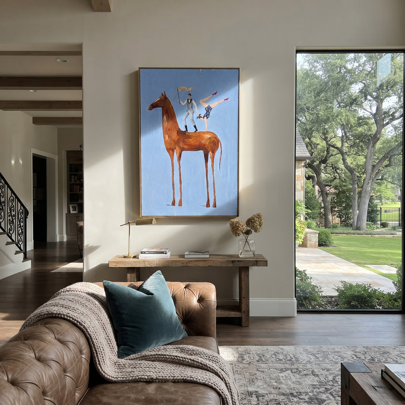 "Midnight Mossy Long-Legged Horse" - Modern Heavy Impasto Landscape Artwork | Beige & Black Palette Knife Painting | Luxury Vertical Wall Art #PT 3045