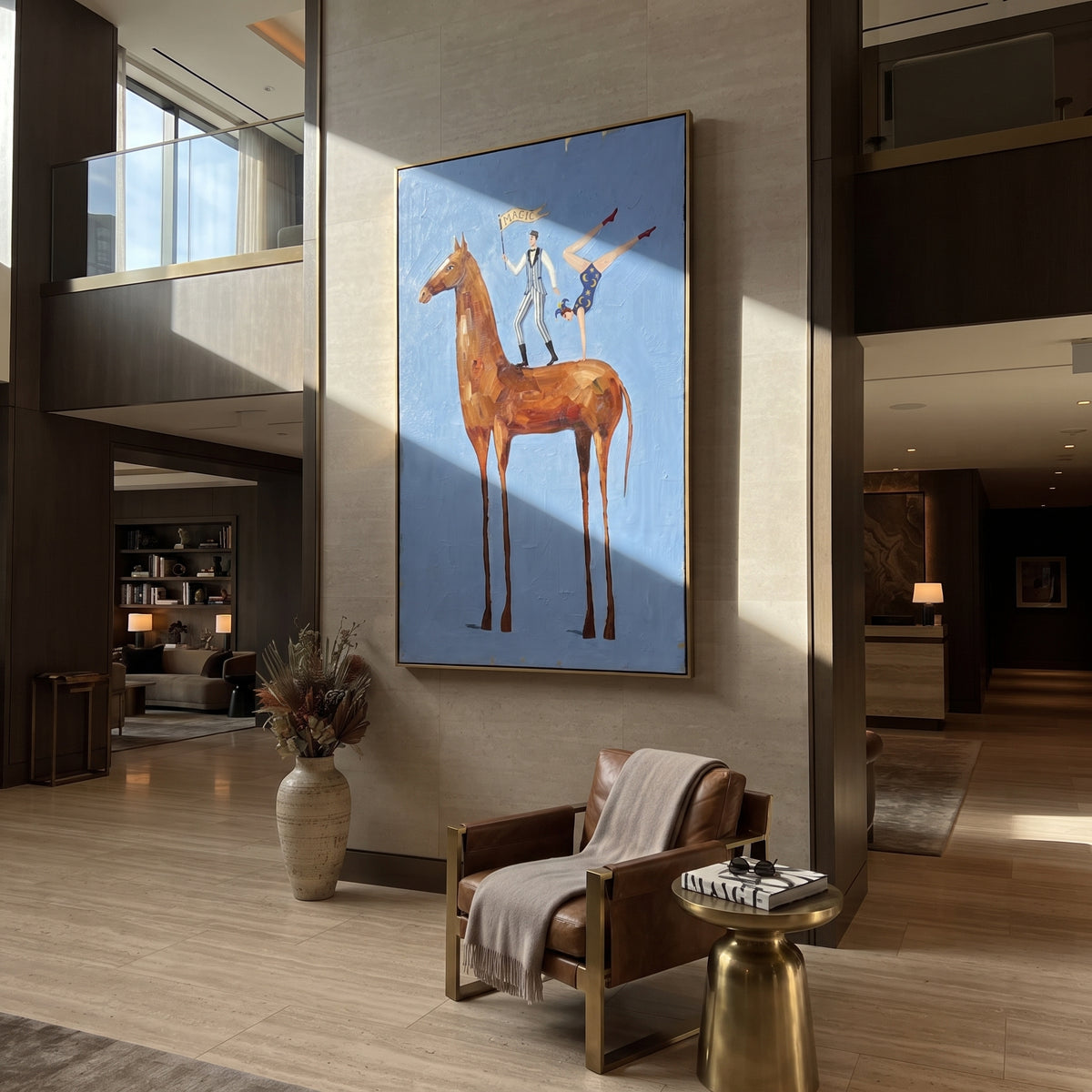 Midnight Mossy Long-Legged Horse focuses on a tall horse with performers and flags in a theatrical field. The composition keeps the principal subject clearly separated from the painted field, so the eye can follow the specific gesture, silhouette, garment, fur, petal, ridge, or river visible in this artwork. Its color relationships move between beige, black, and blue, with lighter passages opening the focal area and deeper strokes giving the forms weight. Palette-knife edges, impasto ridges
