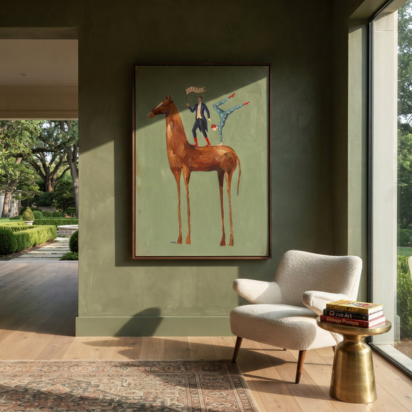 "Quiet Golden Long-Legged Horse" - Modern Heavy Impasto Landscape Artwork | Blue & Beige Palette Knife Painting | Luxury Vertical Wall Art #PT 3047