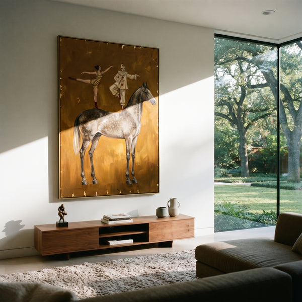 "Tender Golden Long-Legged Horse" - Modern Heavy Impasto Landscape Artwork | Green & Yellow Palette Knife Painting | Luxury Vertical Wall Art #PT 3049