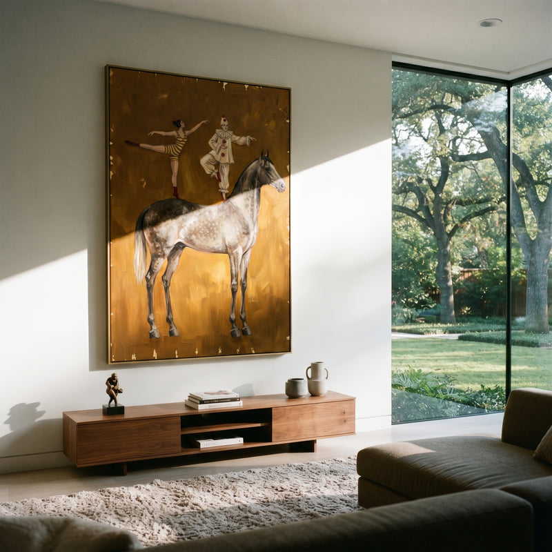 "Tender Golden Long-Legged Horse" - Modern Heavy Impasto Landscape Artwork | Green & Yellow Palette Knife Painting | Luxury Vertical Wall Art #PT 3049
