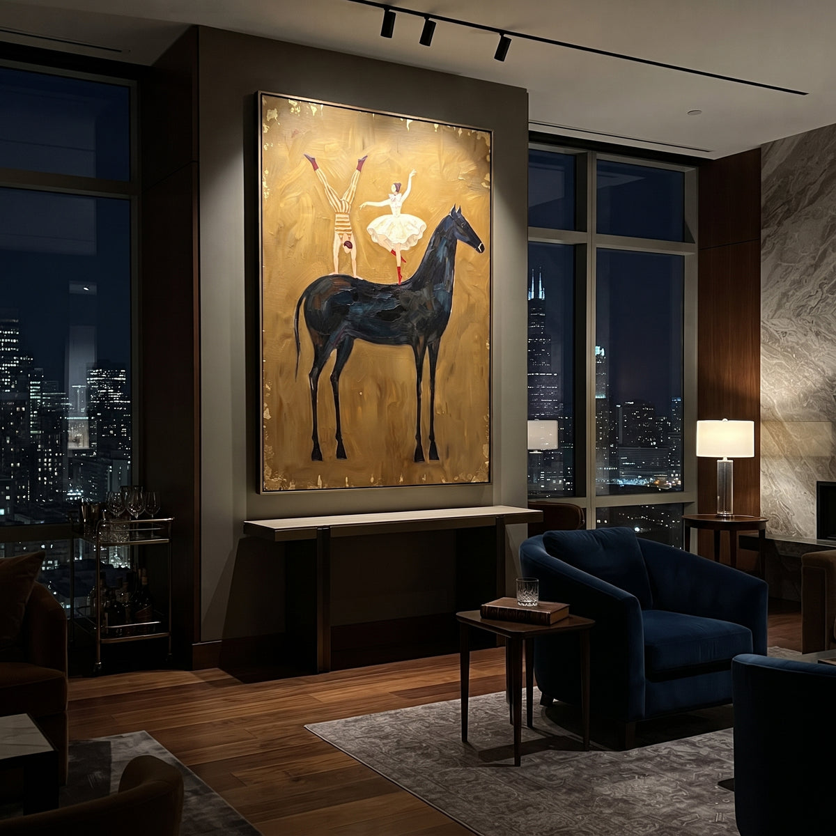 Cobalt Golden Long-Legged Horse focuses on a tall horse with performers and flags in a theatrical field. The composition keeps the principal subject clearly separated from the painted field, so the eye can follow the specific gesture, silhouette, garment, fur, petal, ridge, or river visible in this artwork. Its color relationships move between blue, grey, and white, with lighter passages opening the focal area and deeper strokes giving the forms weight. Palette-knife edges, impasto ridges