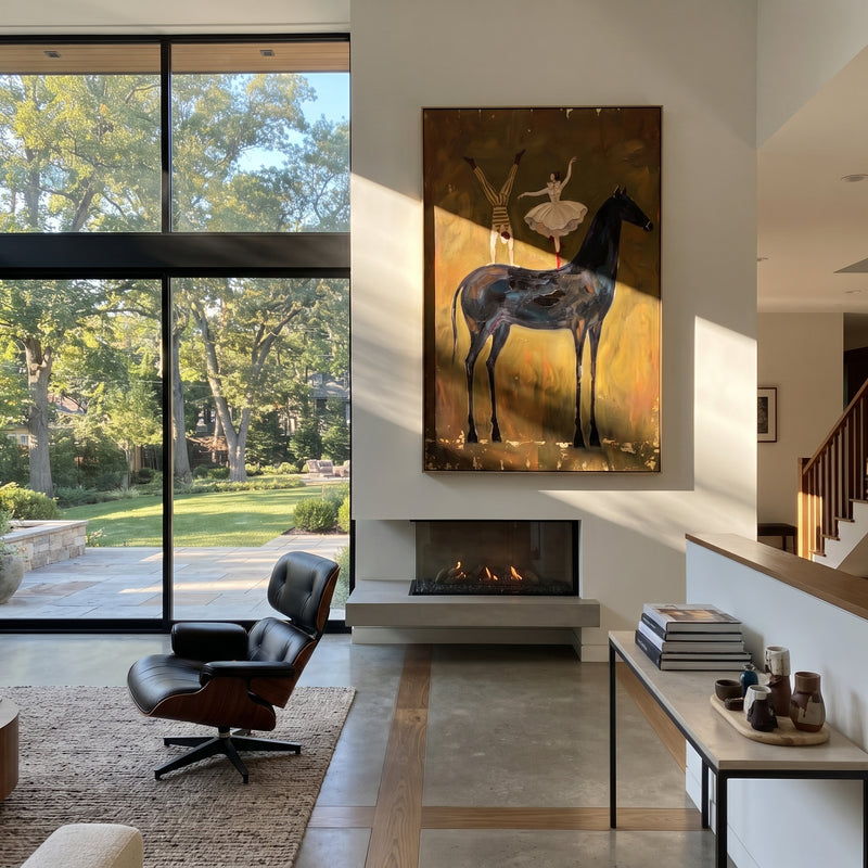 "Mossy Golden Long-Legged Horse" - Modern Heavy Impasto Landscape Artwork | Green & Brown Palette Knife Painting | Luxury Vertical Wall Art #PT 3051