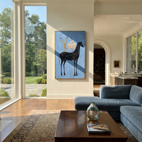 "Golden Golden Long-Legged Horse" - Modern Heavy Impasto Landscape Artwork | Orange & Black Palette Knife Painting | Luxury Vertical Wall Art #PT 3052