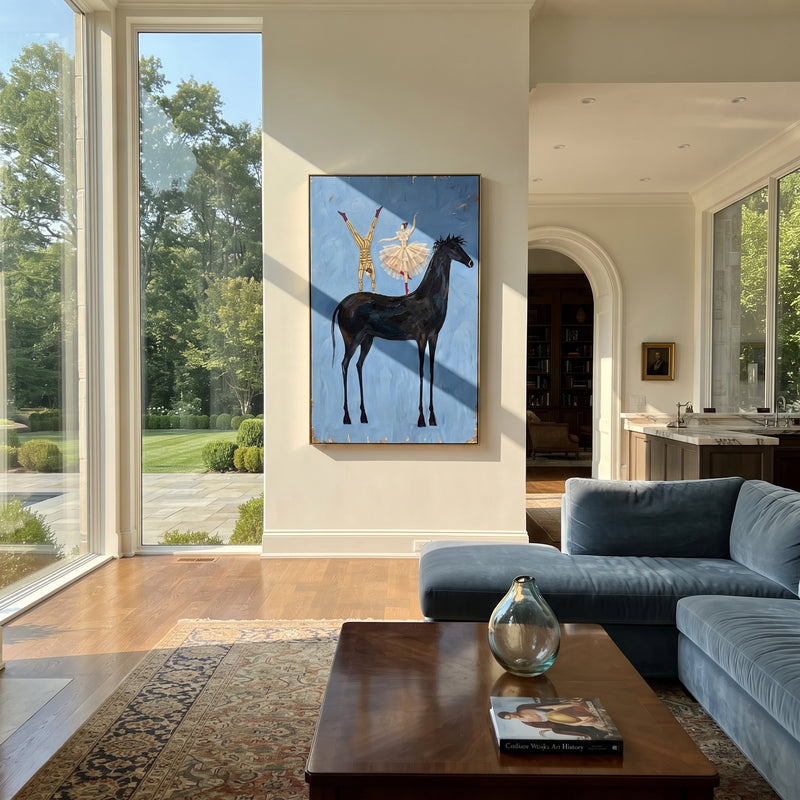 "Golden Golden Long-Legged Horse" - Modern Heavy Impasto Landscape Artwork | Orange & Black Palette Knife Painting | Luxury Vertical Wall Art #PT 3052