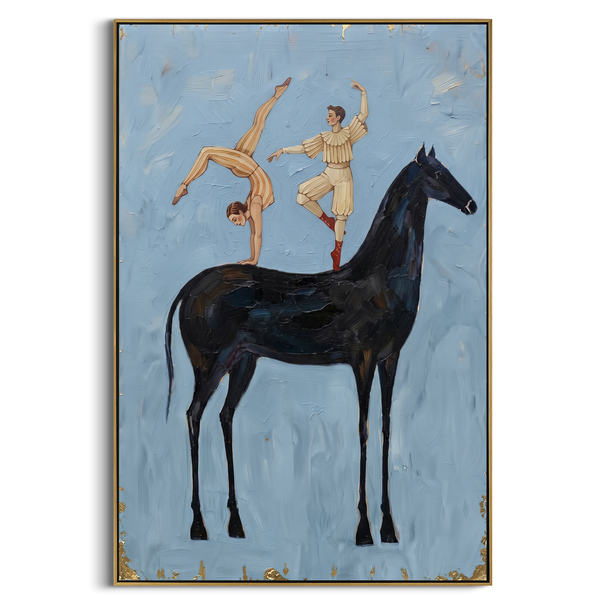 Soft Golden Long-Legged Horse focuses on a tall horse with performers and flags in a theatrical field. The composition keeps the principal subject clearly separated from the painted field, so the eye can follow the specific gesture, silhouette, garment, fur, petal, ridge, or river visible in this artwork. Its color relationships move between blue, red, and white, with lighter passages opening the focal area and deeper strokes giving the forms weight. Palette-knife edges, impasto ridges, broken