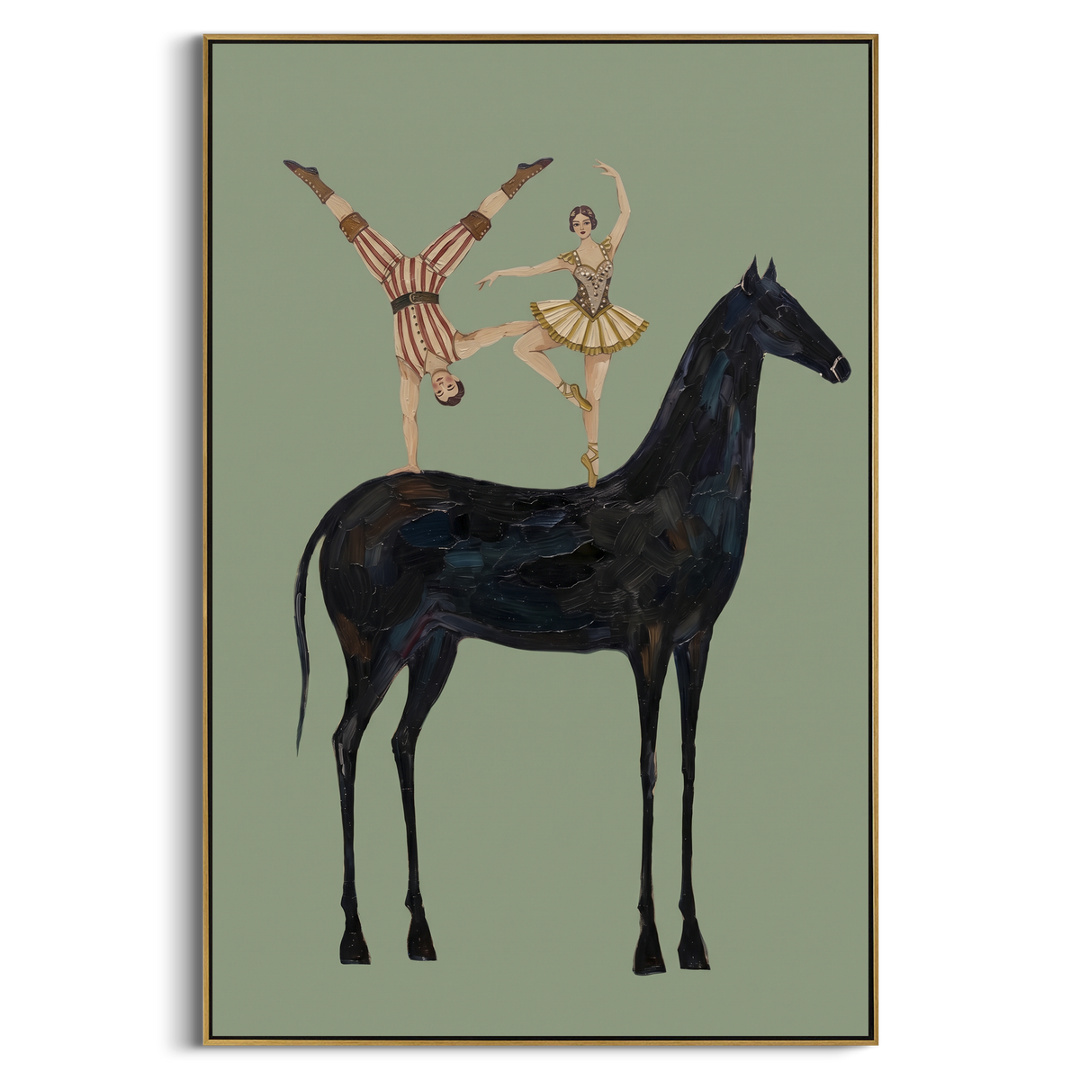 "Restful Golden Long-Legged Horse" - Modern Heavy Impasto Landscape Artwork | Green & Grey Palette Knife Painting | Luxury Vertical Wall Art #PT 3054