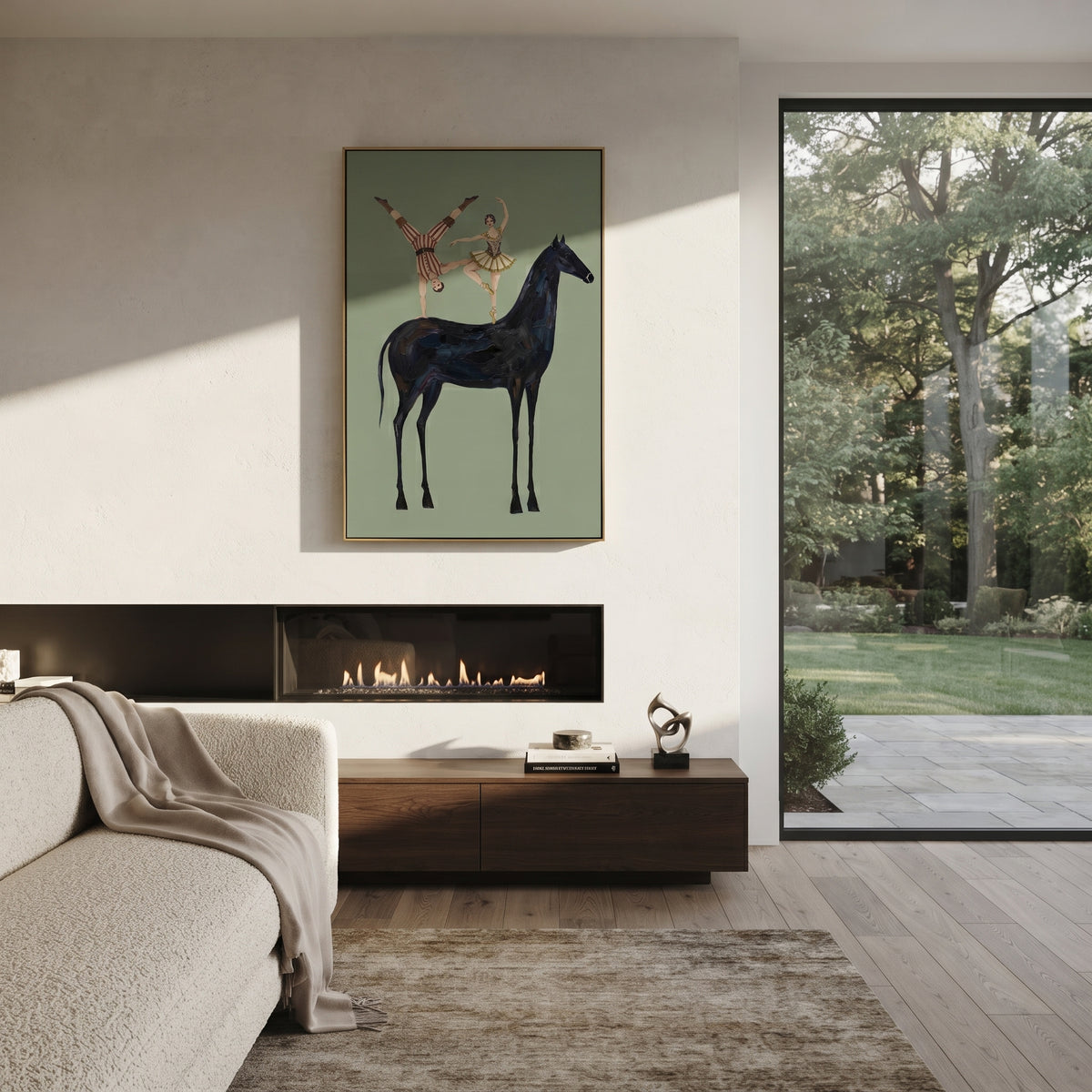 Restful Golden Long-Legged Horse focuses on a tall horse with performers and flags in a theatrical field. The composition keeps the principal subject clearly separated from the painted field, so the eye can follow the specific gesture, silhouette, garment, fur, petal, ridge, or river visible in this artwork. Its color relationships move between green, grey, and pink, with lighter passages opening the focal area and deeper strokes giving the forms weight. Palette-knife edges, impasto ridges