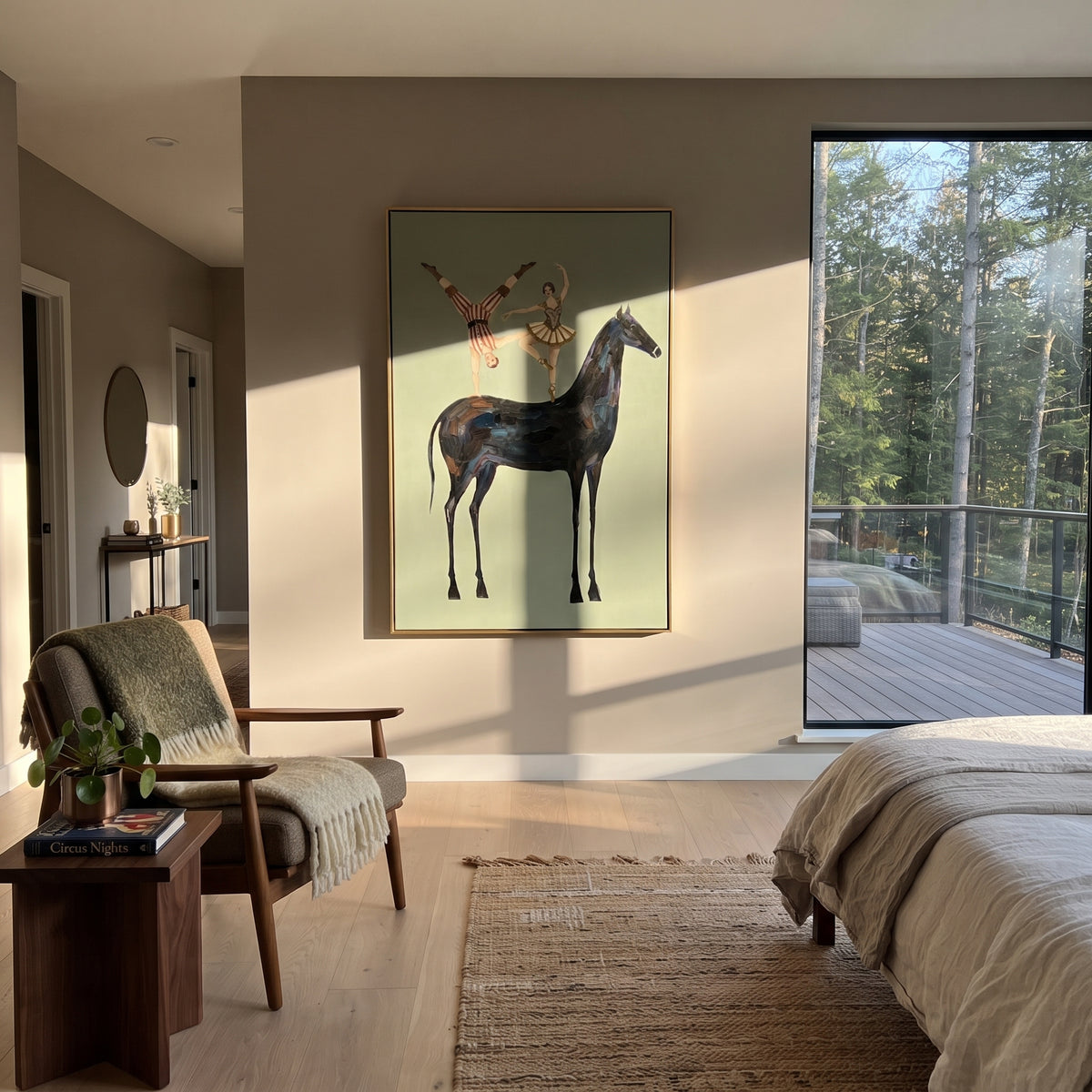 Restful Golden Long-Legged Horse focuses on a tall horse with performers and flags in a theatrical field. The composition keeps the principal subject clearly separated from the painted field, so the eye can follow the specific gesture, silhouette, garment, fur, petal, ridge, or river visible in this artwork. Its color relationships move between green, grey, and pink, with lighter passages opening the focal area and deeper strokes giving the forms weight. Palette-knife edges, impasto ridges