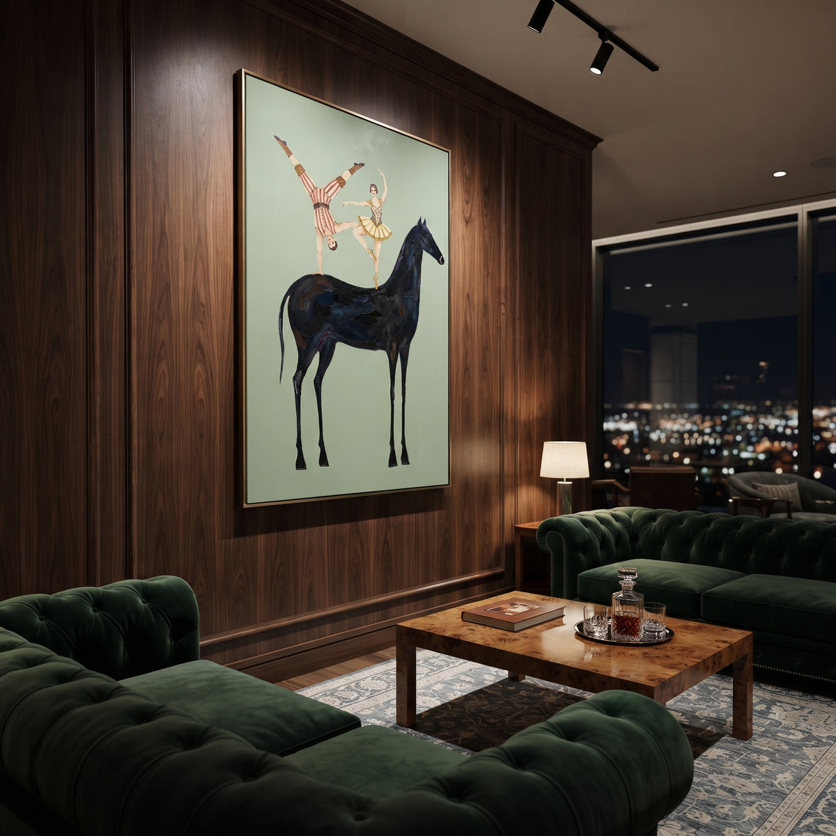 Restful Golden Long-Legged Horse focuses on a tall horse with performers and flags in a theatrical field. The composition keeps the principal subject clearly separated from the painted field, so the eye can follow the specific gesture, silhouette, garment, fur, petal, ridge, or river visible in this artwork. Its color relationships move between green, grey, and pink, with lighter passages opening the focal area and deeper strokes giving the forms weight. Palette-knife edges, impasto ridges