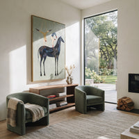 Playful Golden Long-Legged Horse focuses on a tall horse with performers and flags in a theatrical field. The composition keeps the principal subject clearly separated from the painted field, so the eye can follow the specific gesture, silhouette, garment, fur, petal, ridge, or river visible in this artwork. Its color relationships move between beige, black, and blue, with lighter passages opening the focal area and deeper strokes giving the forms weight. Palette-knife edges, impasto ridges