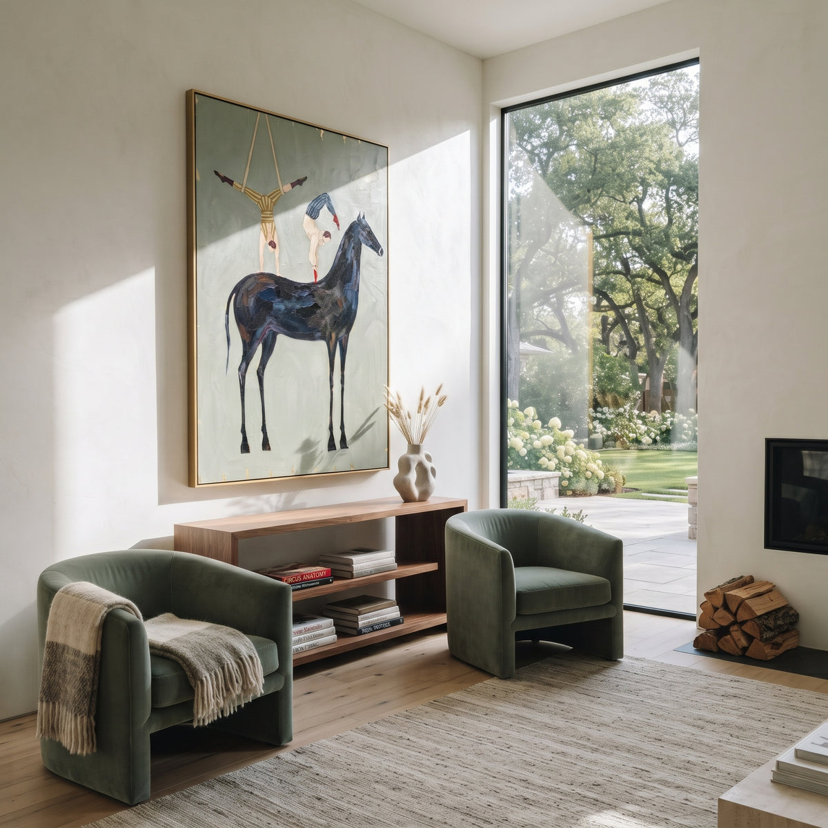 Playful Golden Long-Legged Horse focuses on a tall horse with performers and flags in a theatrical field. The composition keeps the principal subject clearly separated from the painted field, so the eye can follow the specific gesture, silhouette, garment, fur, petal, ridge, or river visible in this artwork. Its color relationships move between beige, black, and blue, with lighter passages opening the focal area and deeper strokes giving the forms weight. Palette-knife edges, impasto ridges