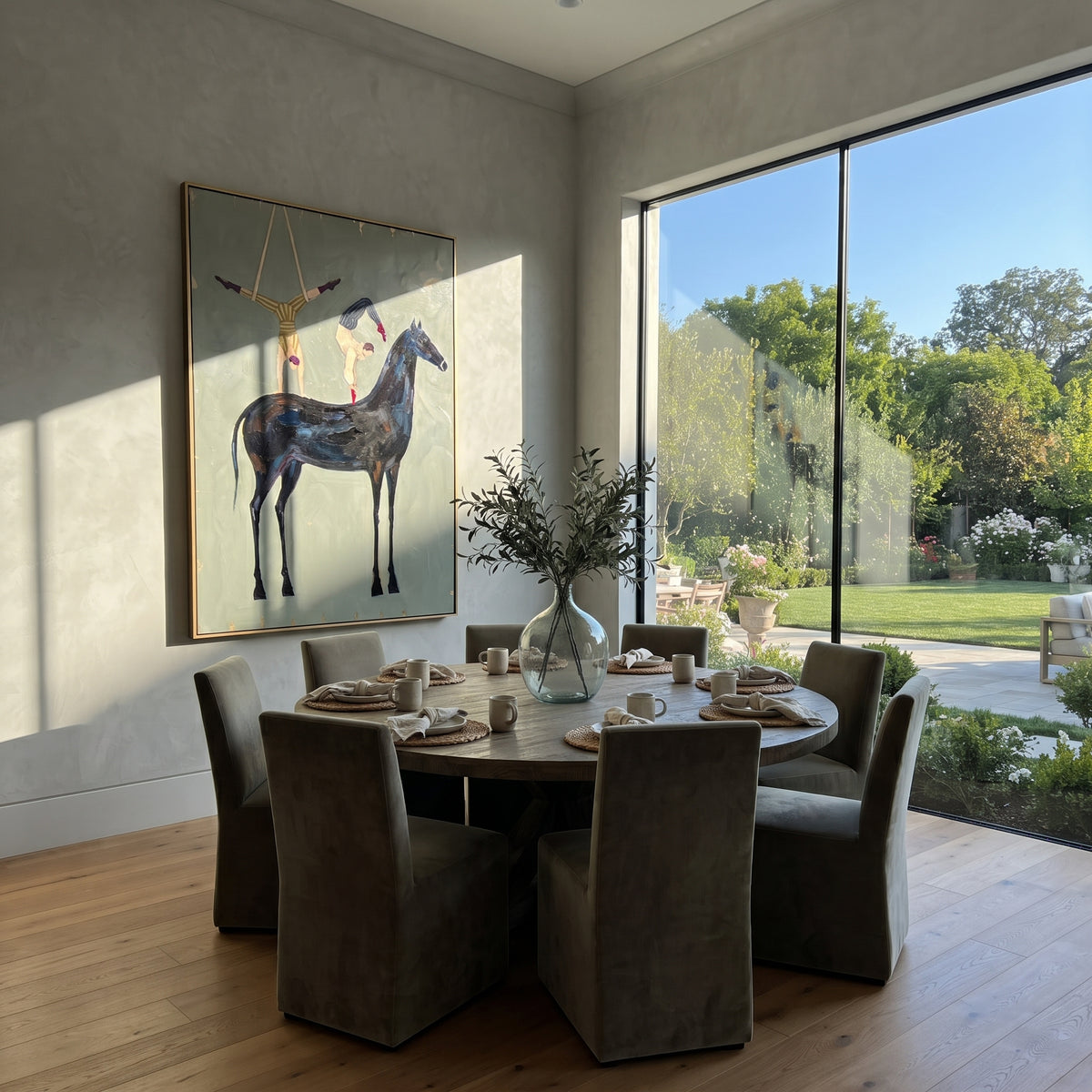Playful Golden Long-Legged Horse focuses on a tall horse with performers and flags in a theatrical field. The composition keeps the principal subject clearly separated from the painted field, so the eye can follow the specific gesture, silhouette, garment, fur, petal, ridge, or river visible in this artwork. Its color relationships move between beige, black, and blue, with lighter passages opening the focal area and deeper strokes giving the forms weight. Palette-knife edges, impasto ridges