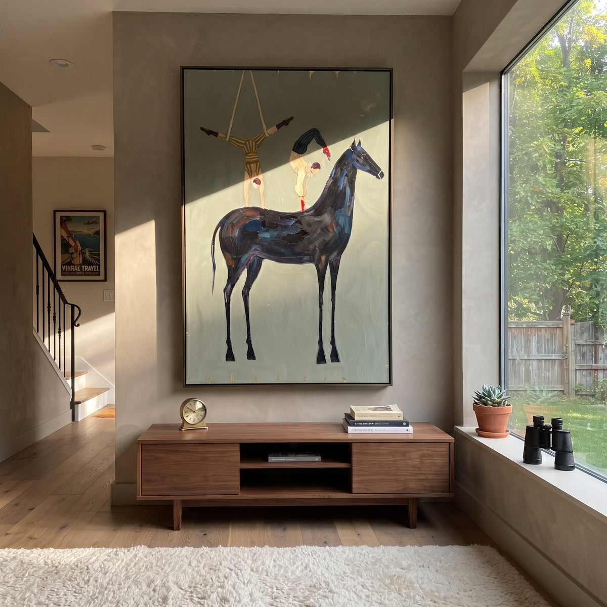 Playful Golden Long-Legged Horse focuses on a tall horse with performers and flags in a theatrical field. The composition keeps the principal subject clearly separated from the painted field, so the eye can follow the specific gesture, silhouette, garment, fur, petal, ridge, or river visible in this artwork. Its color relationships move between beige, black, and blue, with lighter passages opening the focal area and deeper strokes giving the forms weight. Palette-knife edges, impasto ridges