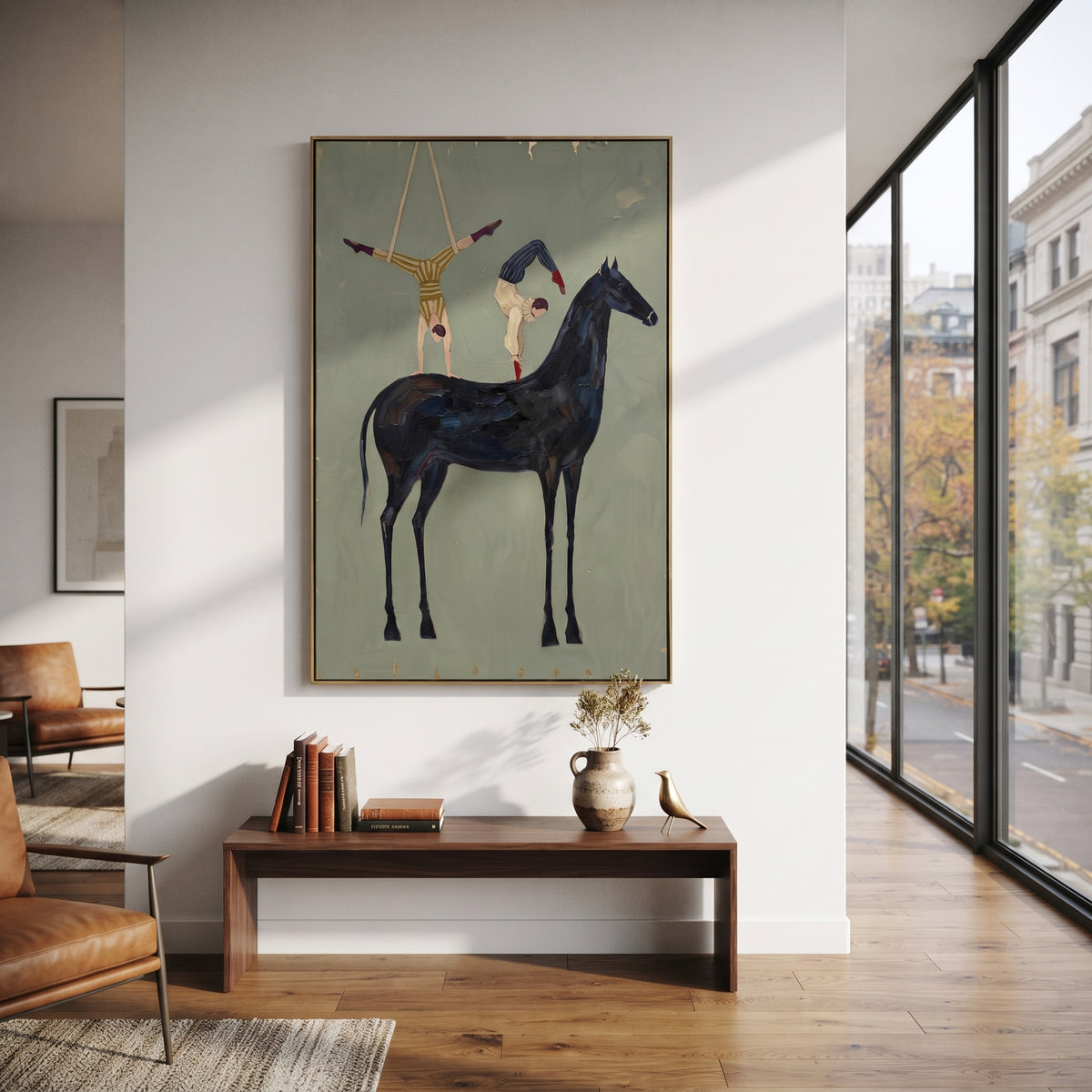 Playful Golden Long-Legged Horse focuses on a tall horse with performers and flags in a theatrical field. The composition keeps the principal subject clearly separated from the painted field, so the eye can follow the specific gesture, silhouette, garment, fur, petal, ridge, or river visible in this artwork. Its color relationships move between beige, black, and blue, with lighter passages opening the focal area and deeper strokes giving the forms weight. Palette-knife edges, impasto ridges