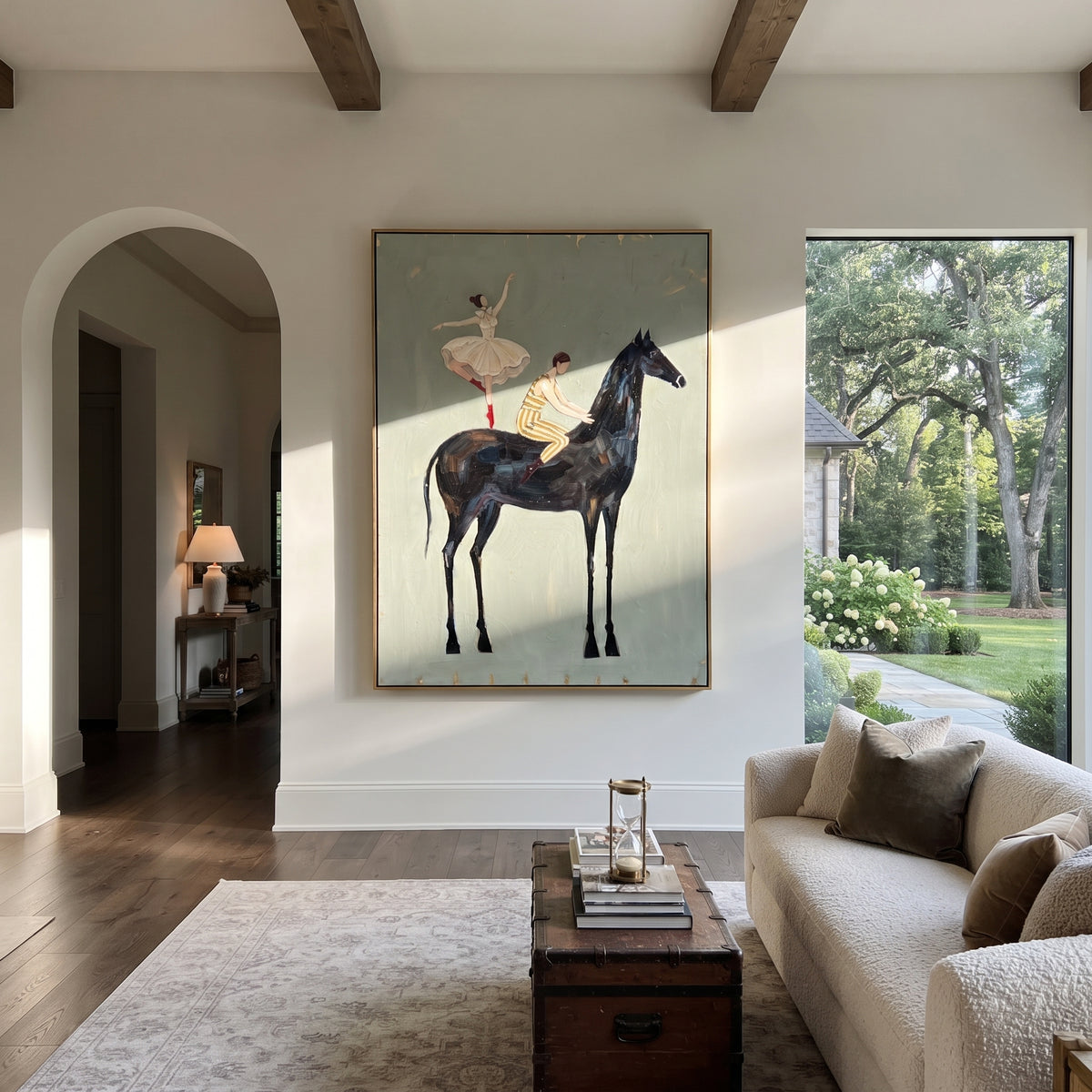 Distant Golden Long-Legged Horse focuses on a tall horse with performers and flags in a theatrical field. The composition keeps the principal subject clearly separated from the painted field, so the eye can follow the specific gesture, silhouette, garment, fur, petal, ridge, or river visible in this artwork. Its color relationships move between purple, green, and white, with lighter passages opening the focal area and deeper strokes giving the forms weight. Palette-knife edges, impasto ridges