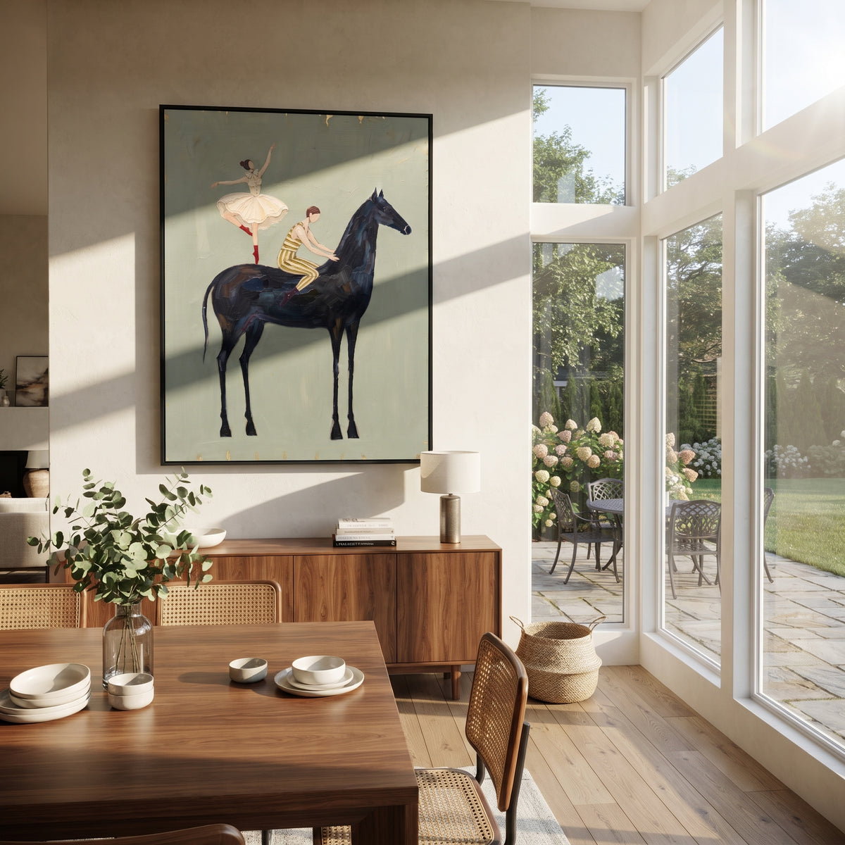 Distant Golden Long-Legged Horse focuses on a tall horse with performers and flags in a theatrical field. The composition keeps the principal subject clearly separated from the painted field, so the eye can follow the specific gesture, silhouette, garment, fur, petal, ridge, or river visible in this artwork. Its color relationships move between purple, green, and white, with lighter passages opening the focal area and deeper strokes giving the forms weight. Palette-knife edges, impasto ridges