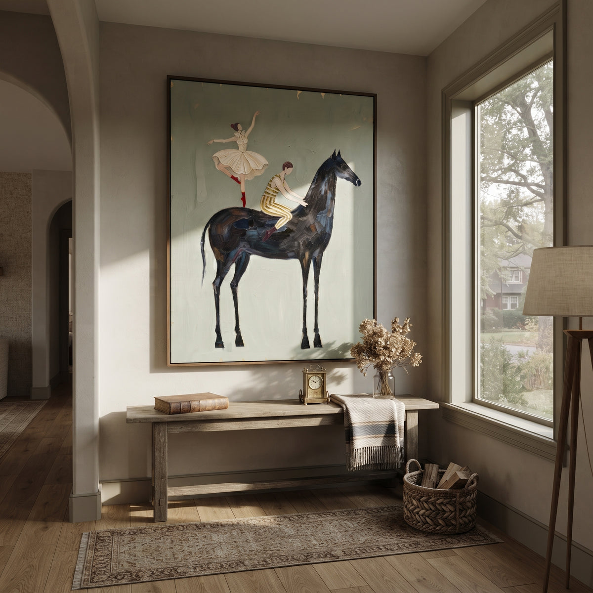 Distant Golden Long-Legged Horse focuses on a tall horse with performers and flags in a theatrical field. The composition keeps the principal subject clearly separated from the painted field, so the eye can follow the specific gesture, silhouette, garment, fur, petal, ridge, or river visible in this artwork. Its color relationships move between purple, green, and white, with lighter passages opening the focal area and deeper strokes giving the forms weight. Palette-knife edges, impasto ridges