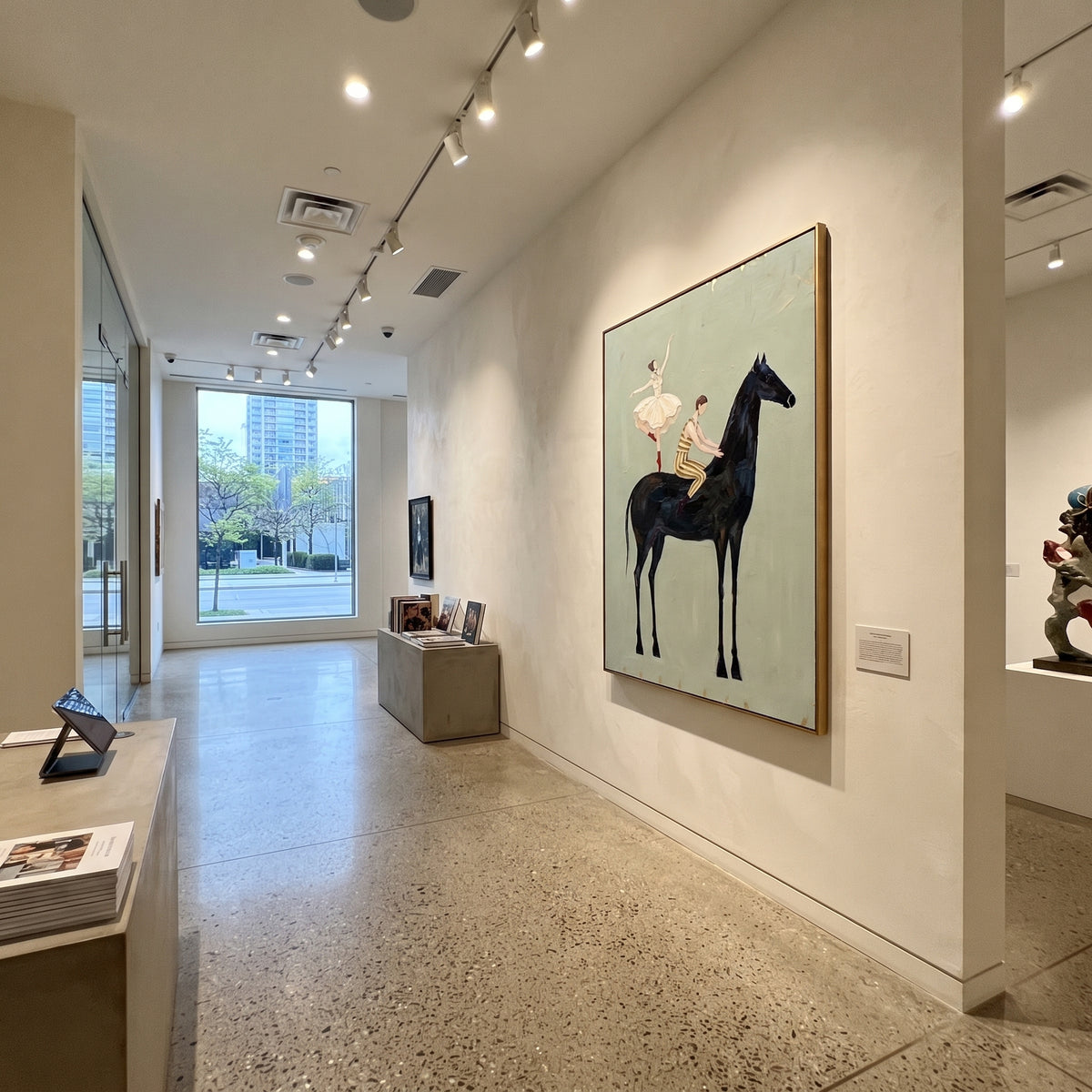 Distant Golden Long-Legged Horse focuses on a tall horse with performers and flags in a theatrical field. The composition keeps the principal subject clearly separated from the painted field, so the eye can follow the specific gesture, silhouette, garment, fur, petal, ridge, or river visible in this artwork. Its color relationships move between purple, green, and white, with lighter passages opening the focal area and deeper strokes giving the forms weight. Palette-knife edges, impasto ridges