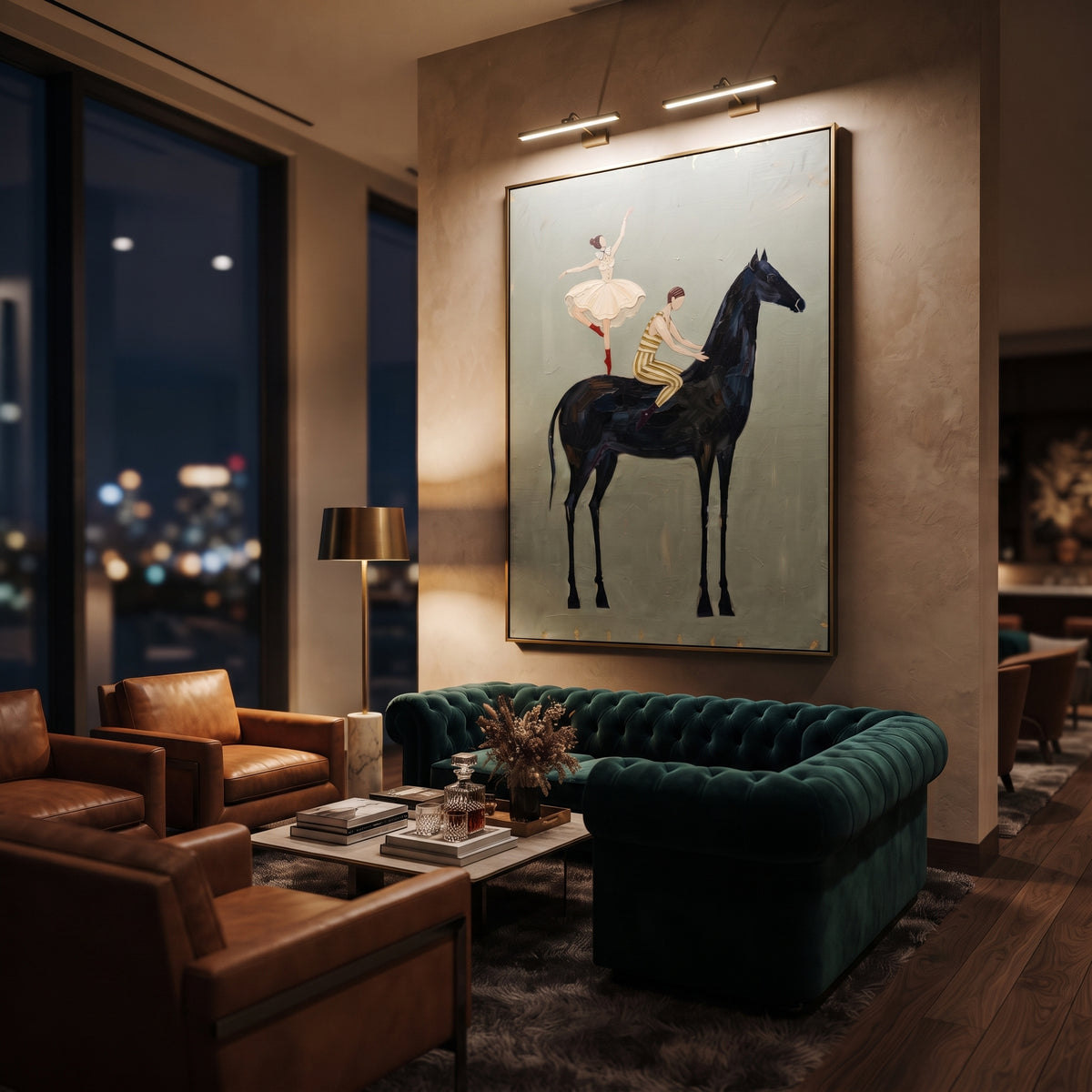 Distant Golden Long-Legged Horse focuses on a tall horse with performers and flags in a theatrical field. The composition keeps the principal subject clearly separated from the painted field, so the eye can follow the specific gesture, silhouette, garment, fur, petal, ridge, or river visible in this artwork. Its color relationships move between purple, green, and white, with lighter passages opening the focal area and deeper strokes giving the forms weight. Palette-knife edges, impasto ridges
