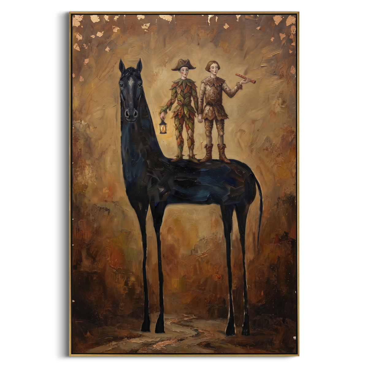 "Gathered Golden Long-Legged Horse" - Modern Heavy Impasto Landscape Artwork | Blue & Beige Palette Knife Painting | Luxury Vertical Wall Art #PT 3057