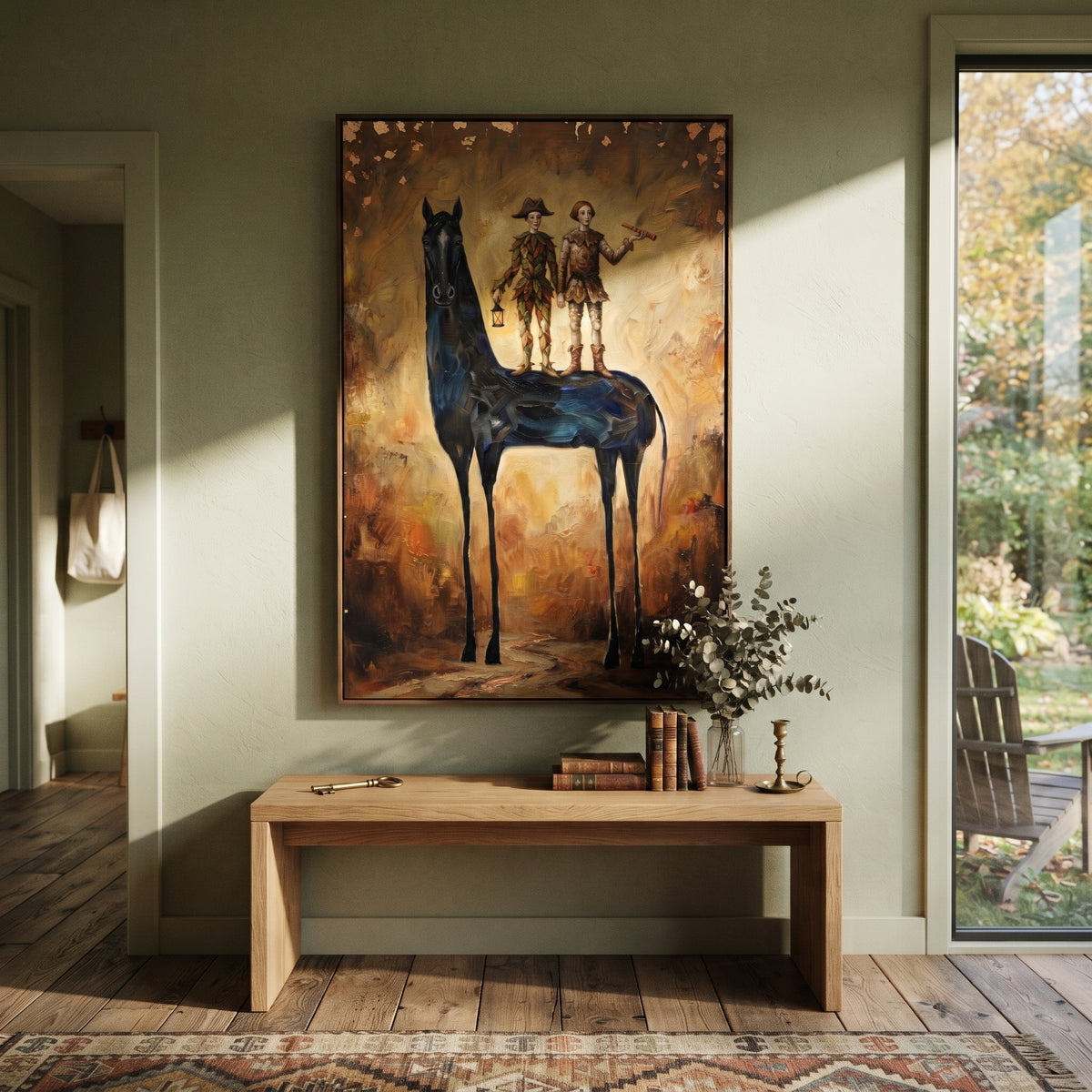 Gathered Golden Long-Legged Horse focuses on a tall horse with performers and flags in a theatrical field. The composition keeps the principal subject clearly separated from the painted field, so the eye can follow the specific gesture, silhouette, garment, fur, petal, ridge, or river visible in this artwork. Its color relationships move between blue, beige, and brown, with lighter passages opening the focal area and deeper strokes giving the forms weight. Palette-knife edges, impasto ridges