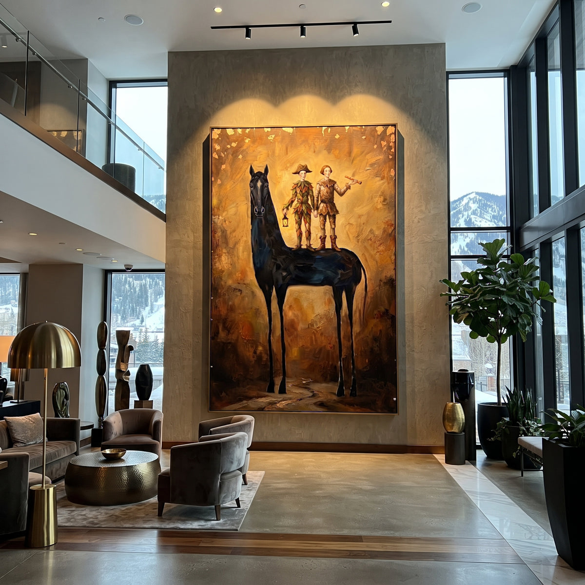 Gathered Golden Long-Legged Horse focuses on a tall horse with performers and flags in a theatrical field. The composition keeps the principal subject clearly separated from the painted field, so the eye can follow the specific gesture, silhouette, garment, fur, petal, ridge, or river visible in this artwork. Its color relationships move between blue, beige, and brown, with lighter passages opening the focal area and deeper strokes giving the forms weight. Palette-knife edges, impasto ridges