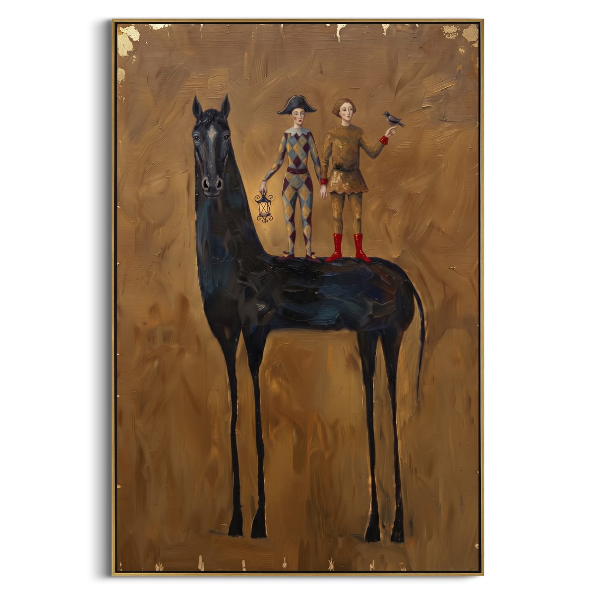 "River Golden Long-Legged Horse" - Modern Heavy Impasto Landscape Artwork | Orange & Pink Palette Knife Painting | Luxury Vertical Wall Art #PT 3058