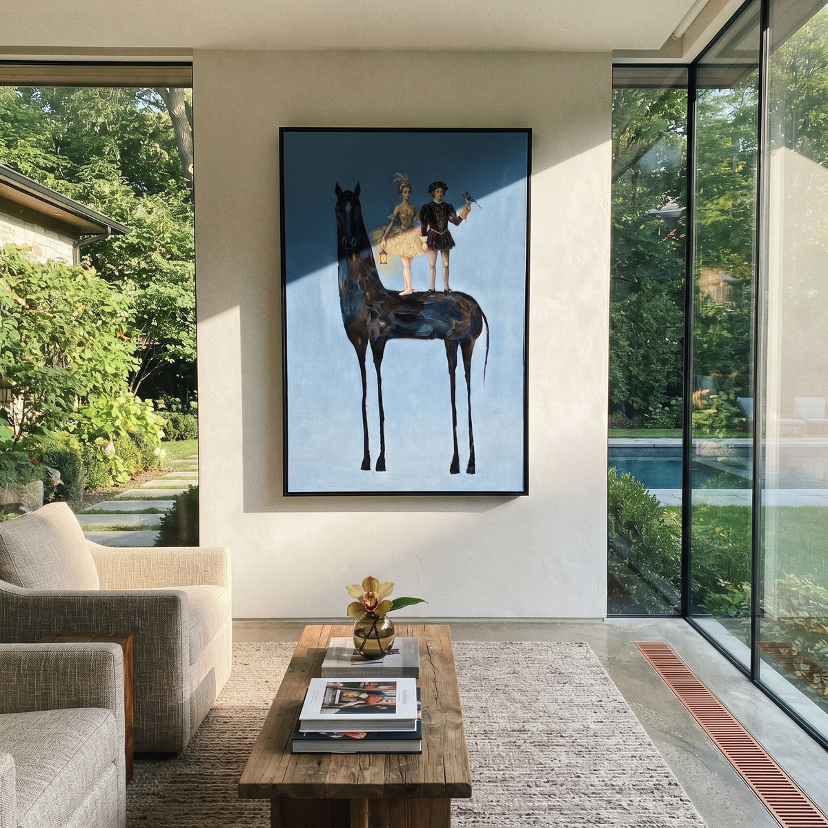 Warm Golden Long-Legged Horse focuses on a tall horse with performers and flags in a theatrical field. The composition keeps the principal subject clearly separated from the painted field, so the eye can follow the specific gesture, silhouette, garment, fur, petal, ridge, or river visible in this artwork. Its color relationships move between green, yellow, and beige, with lighter passages opening the focal area and deeper strokes giving the forms weight. Palette-knife edges, impasto ridges