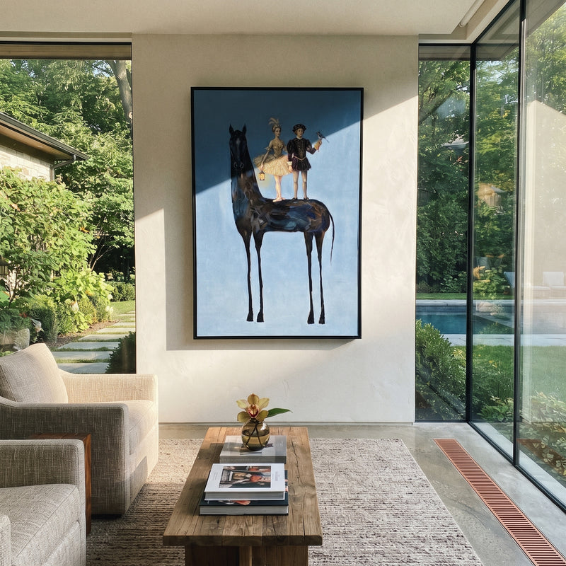 "Warm Golden Long-Legged Horse" - Modern Heavy Impasto Landscape Artwork | Green & Yellow Palette Knife Painting | Luxury Vertical Wall Art #PT 3059