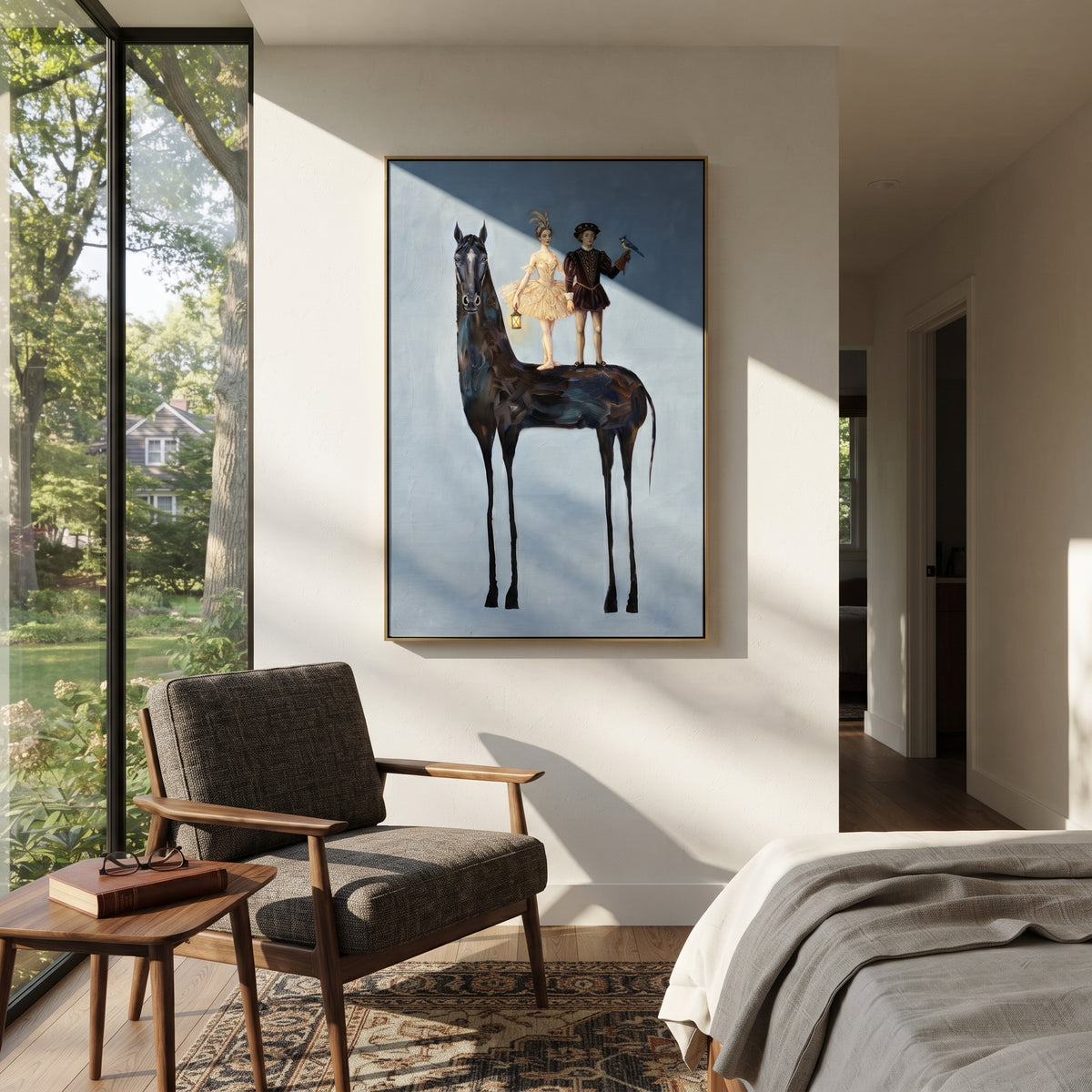 Warm Golden Long-Legged Horse focuses on a tall horse with performers and flags in a theatrical field. The composition keeps the principal subject clearly separated from the painted field, so the eye can follow the specific gesture, silhouette, garment, fur, petal, ridge, or river visible in this artwork. Its color relationships move between green, yellow, and beige, with lighter passages opening the focal area and deeper strokes giving the forms weight. Palette-knife edges, impasto ridges