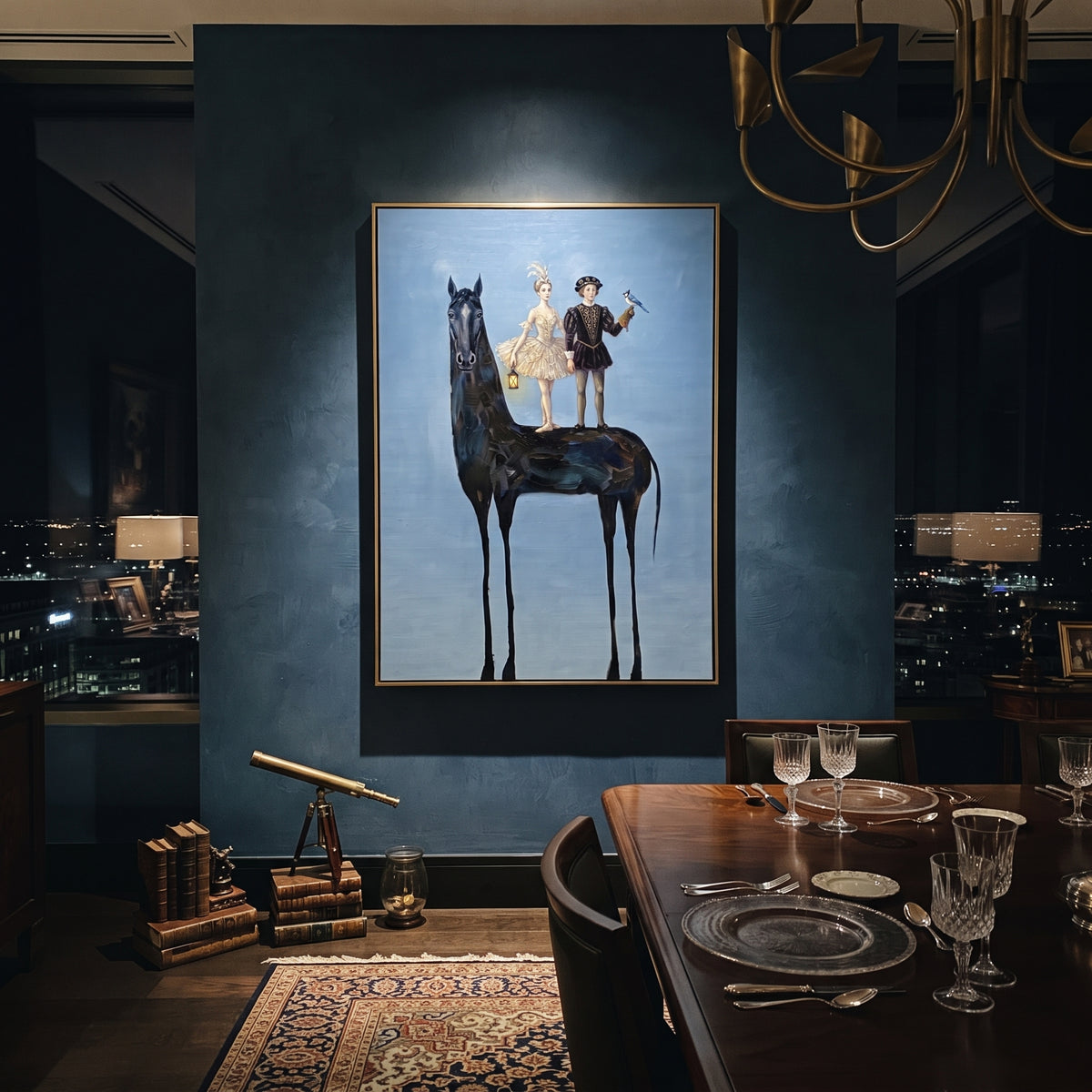 Warm Golden Long-Legged Horse focuses on a tall horse with performers and flags in a theatrical field. The composition keeps the principal subject clearly separated from the painted field, so the eye can follow the specific gesture, silhouette, garment, fur, petal, ridge, or river visible in this artwork. Its color relationships move between green, yellow, and beige, with lighter passages opening the focal area and deeper strokes giving the forms weight. Palette-knife edges, impasto ridges